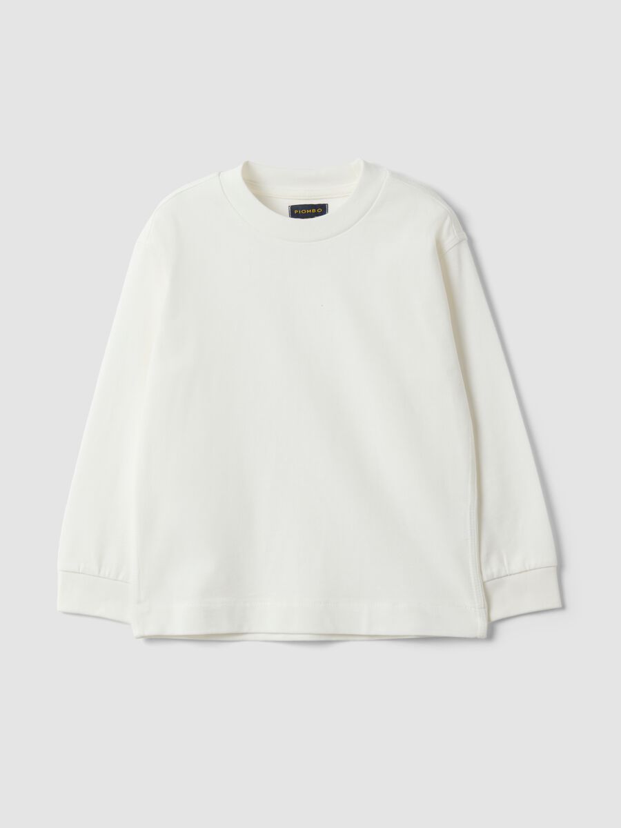 T-shirt bianca in puro cotone girocollo a maniche lunghe per bambino_0