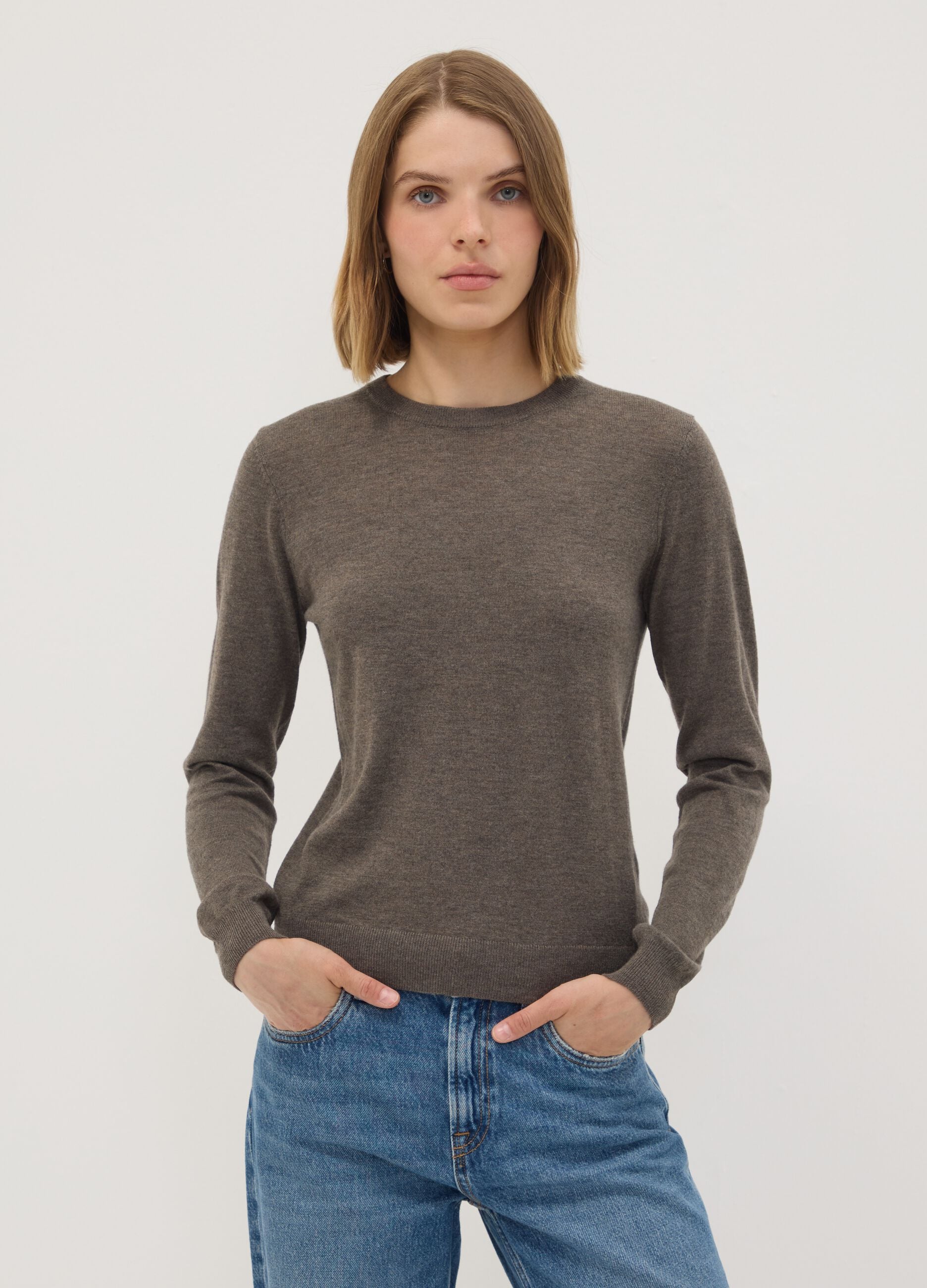 Grey crew-neck wool-blend jumper, regular fit