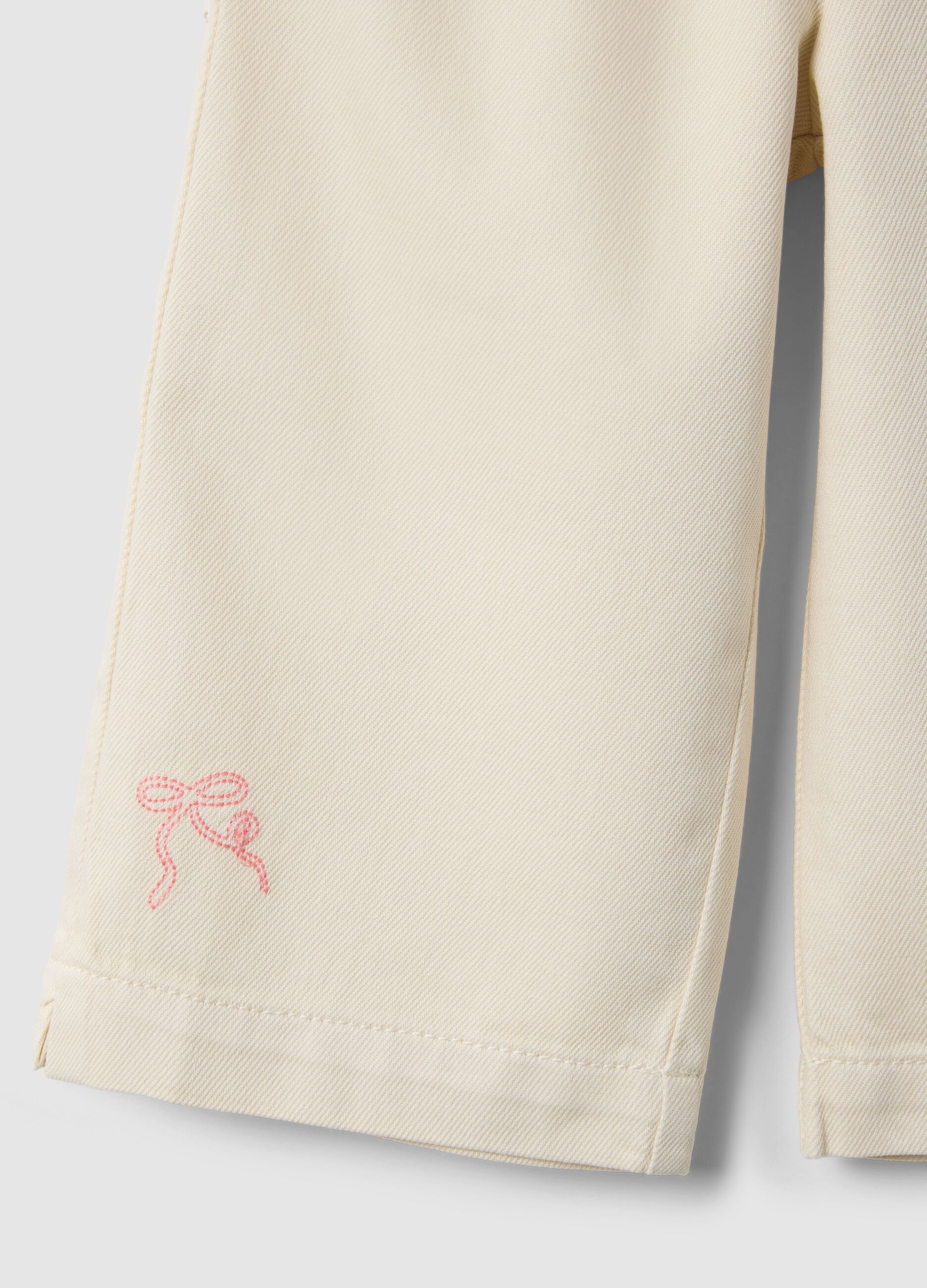 Beige wide-leg pure cotton trousers for baby girls with embroidered detailing