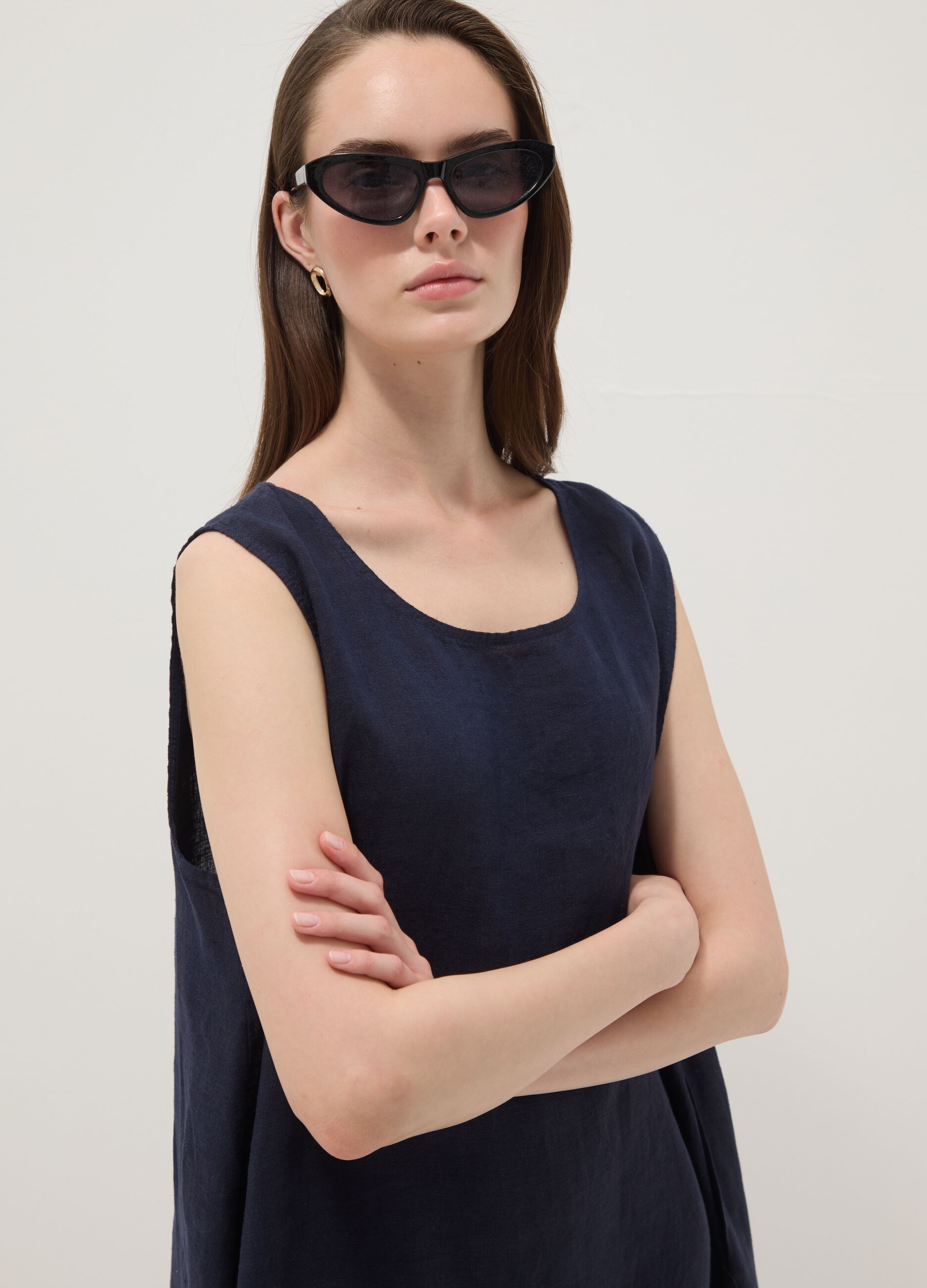Long blue pure linen dress, regular fit