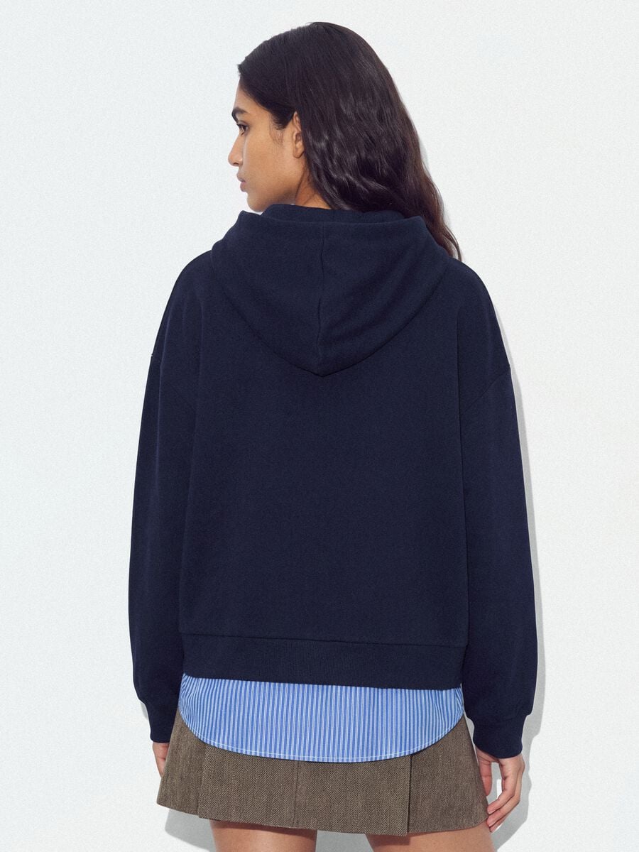 Blue cotton-blend hoodie sweatshirt with layered shirt-effect hem_3