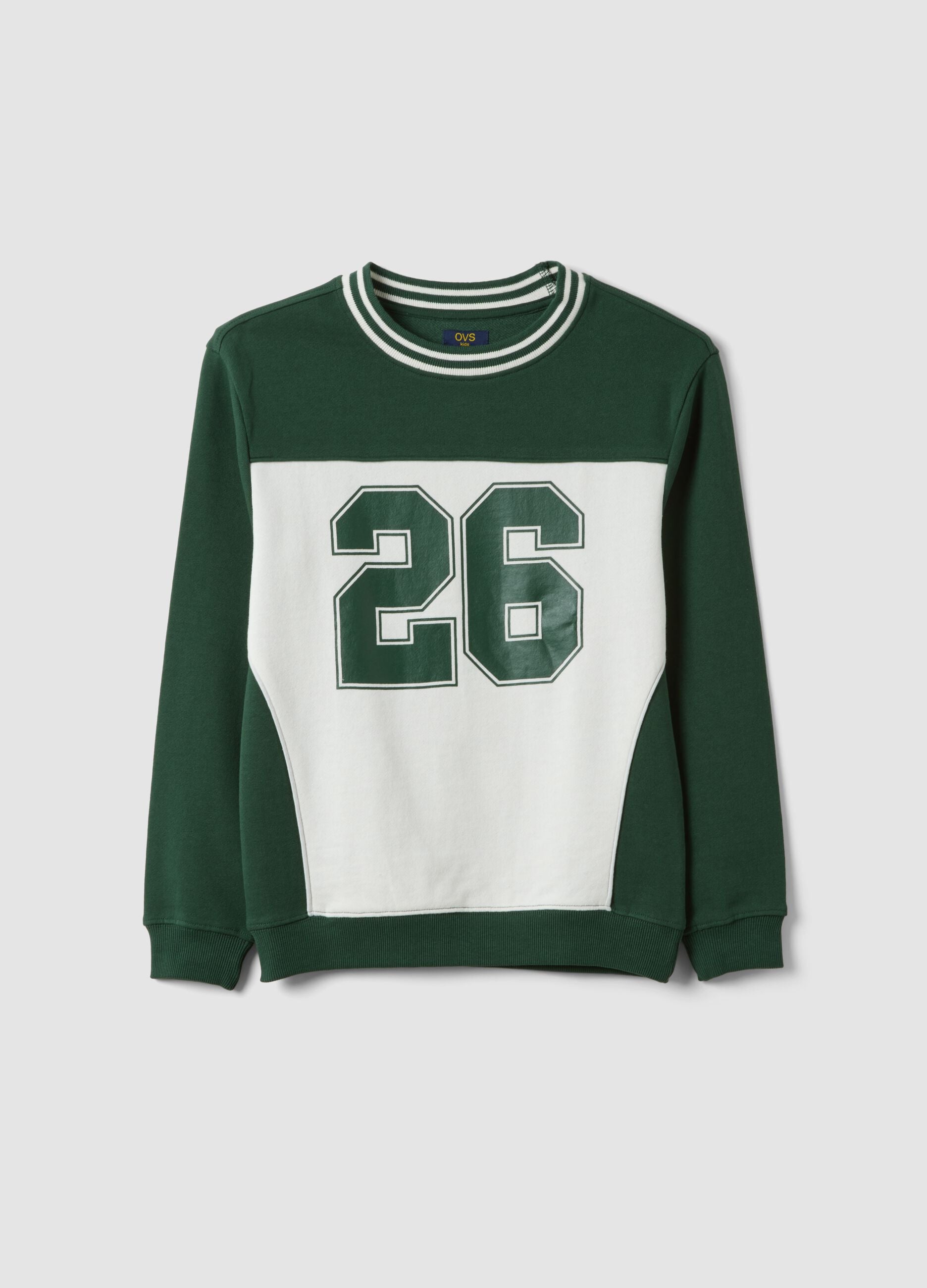 Green 100% cotton sweatshirt with contrast crew neck