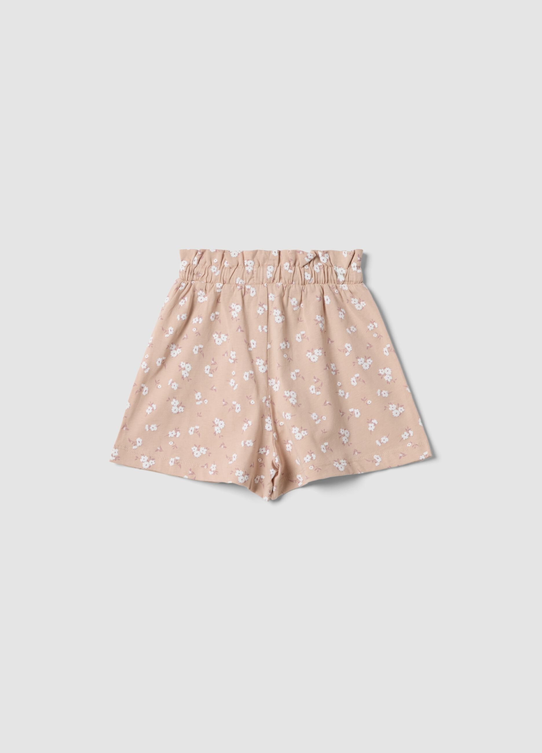 Girls' beige pure cotton shorts with floral print