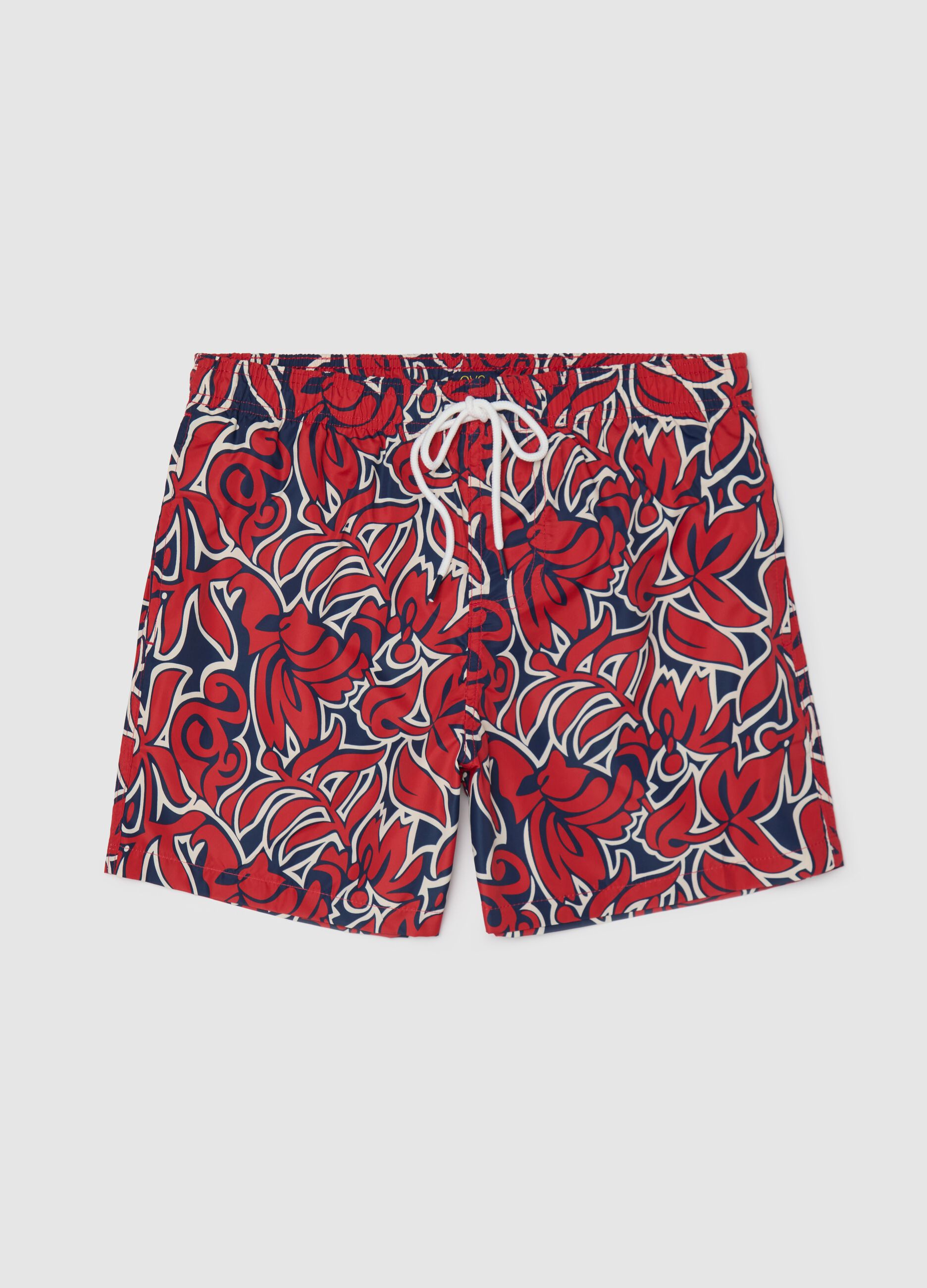 Red Floral Print Swim Shorts