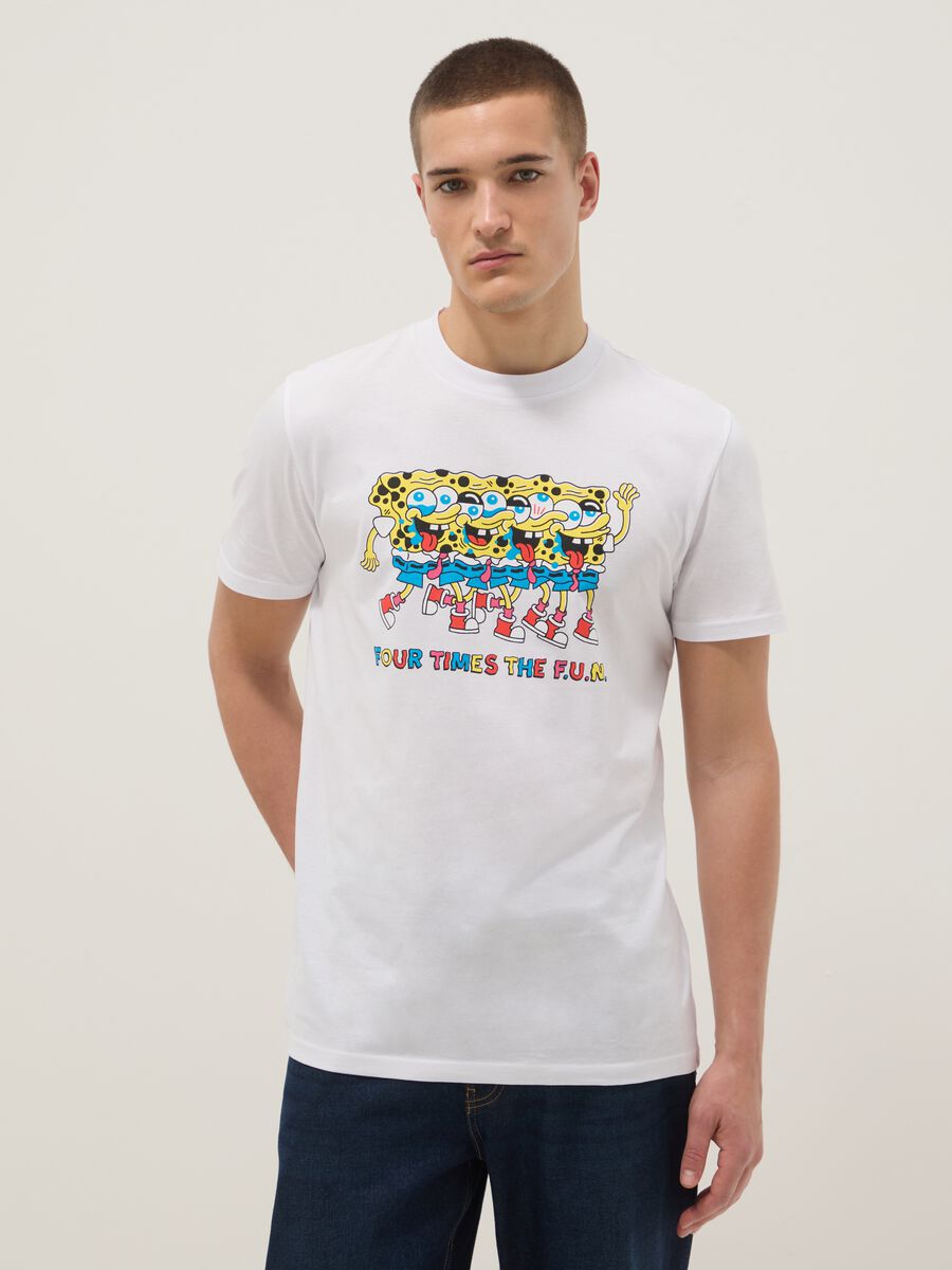 White pure cotton regular fit T-shirt with SpongeBob print_0