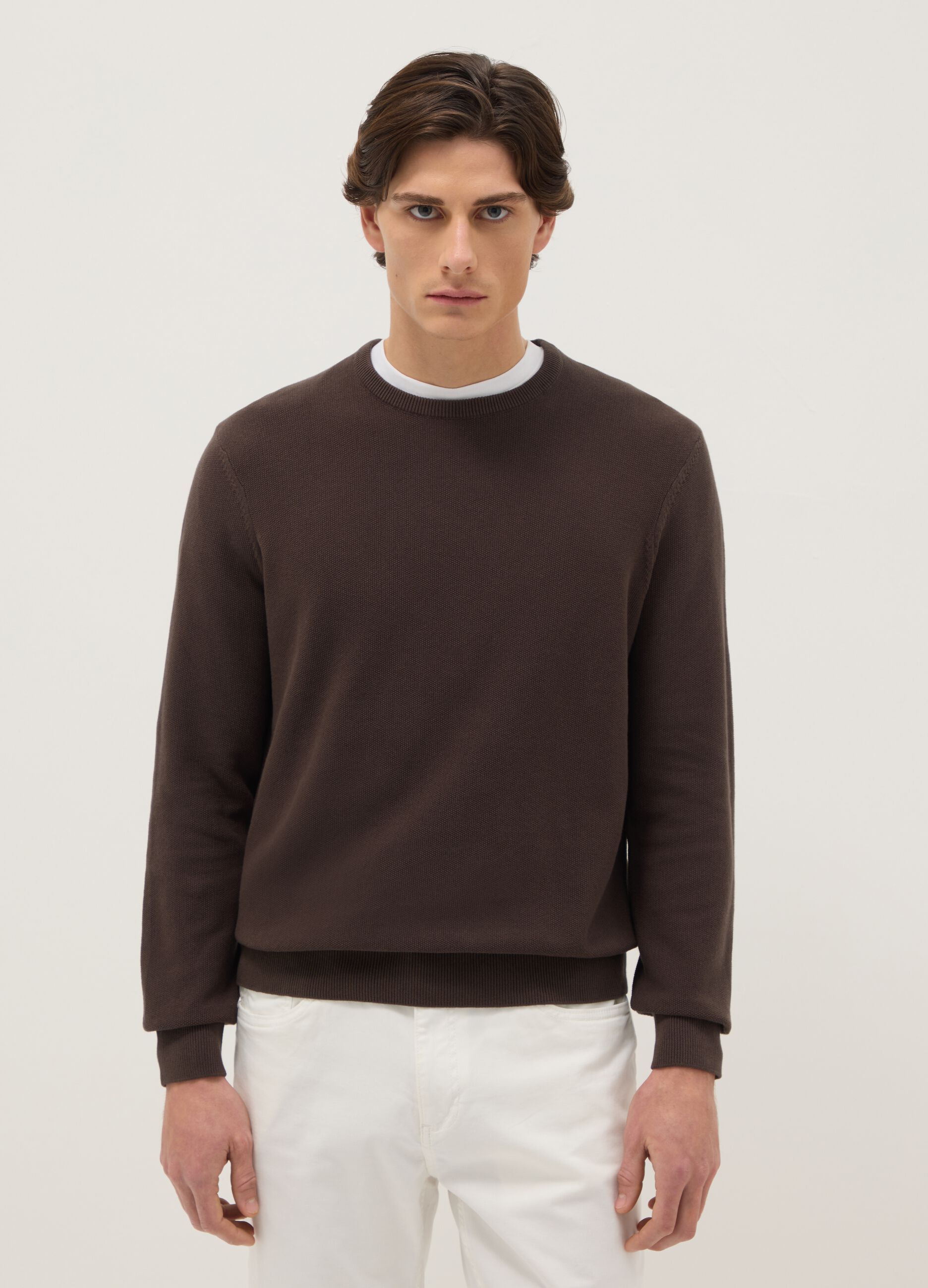 Brown crew neck sweater in pure cotton regular fit
