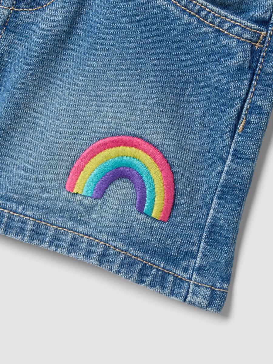 Blue pure cotton girls&rsquo; denim shorts, wide leg with embroidery_3