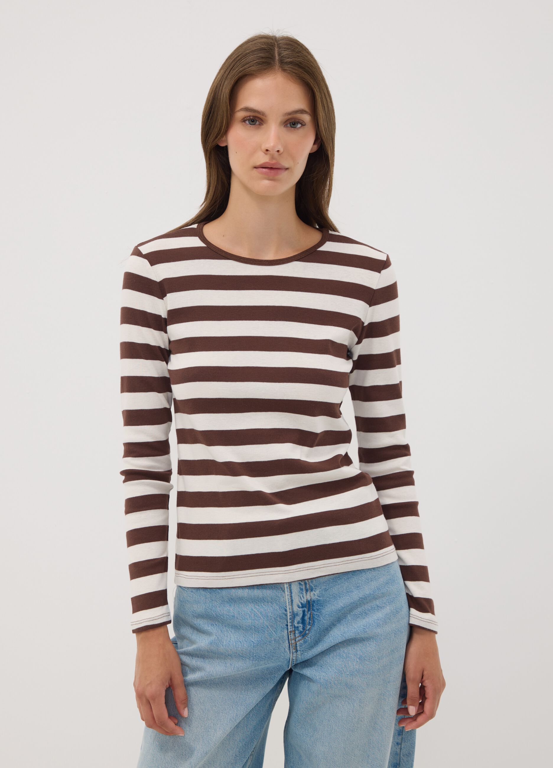 T-shirt bianca a righe in puro cotone con girocollo