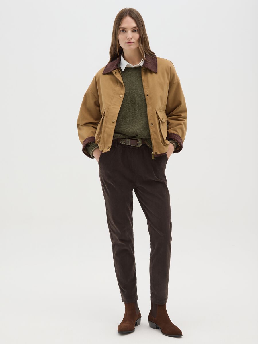 Brown regular fit stretch cotton trousers_0