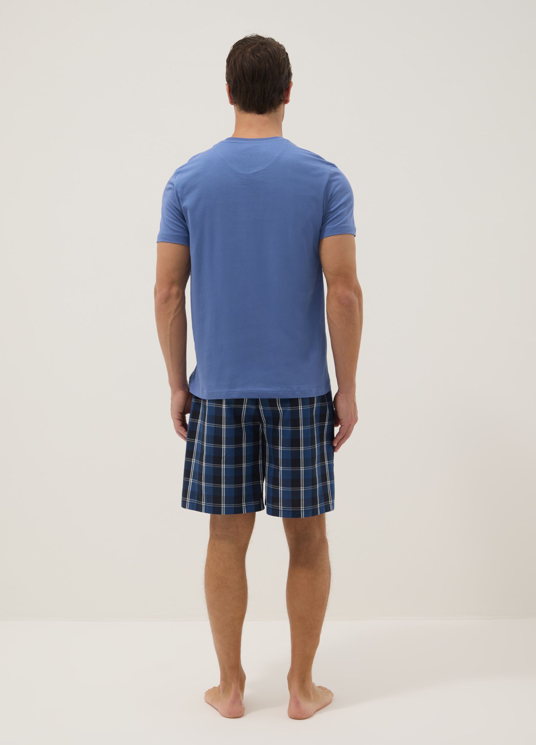 Regular fit short blue checked pure cotton pyjamas