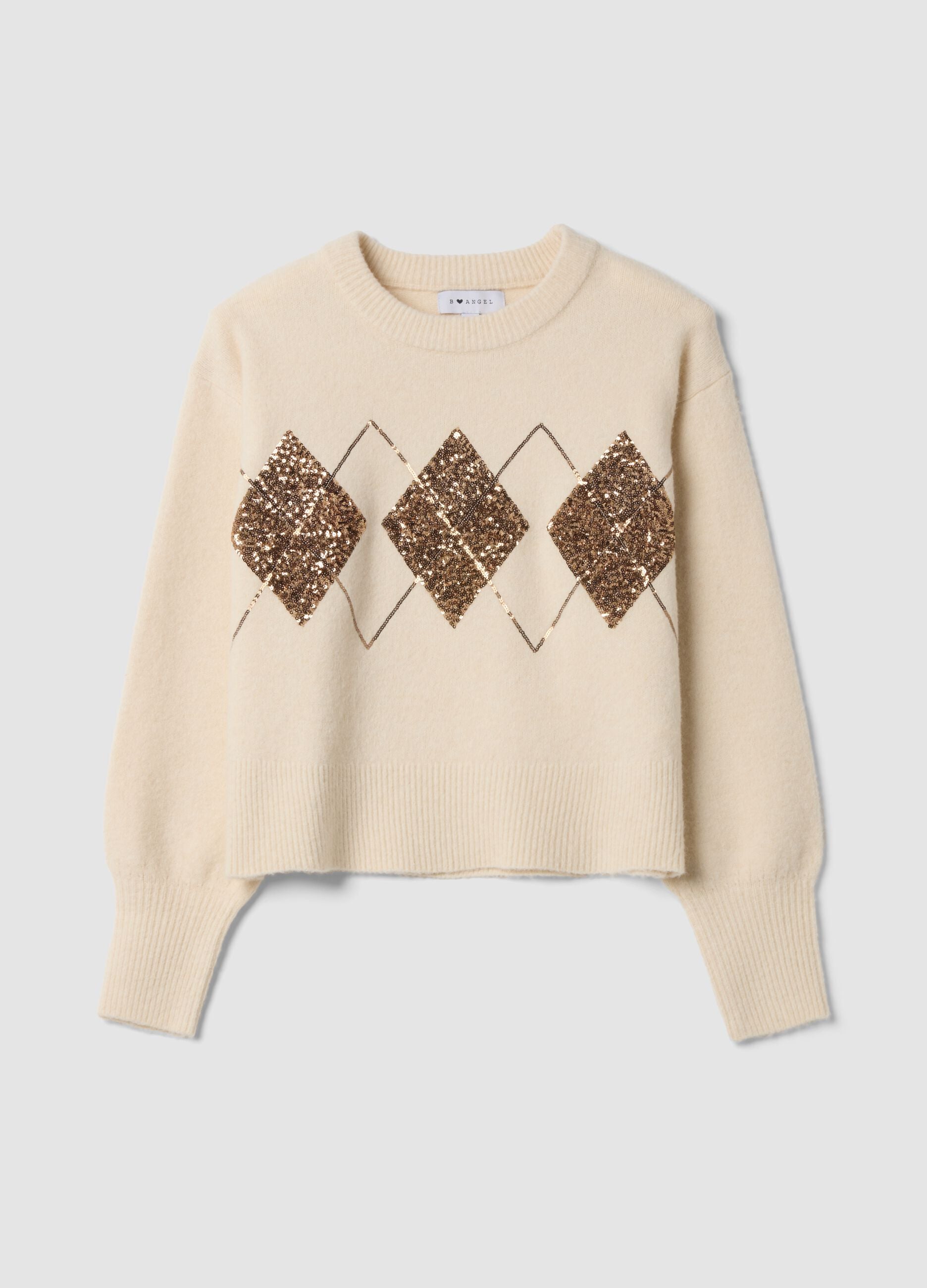 Ecru stretch-wool crew-neck jumper with argyle pattern, oversized fit