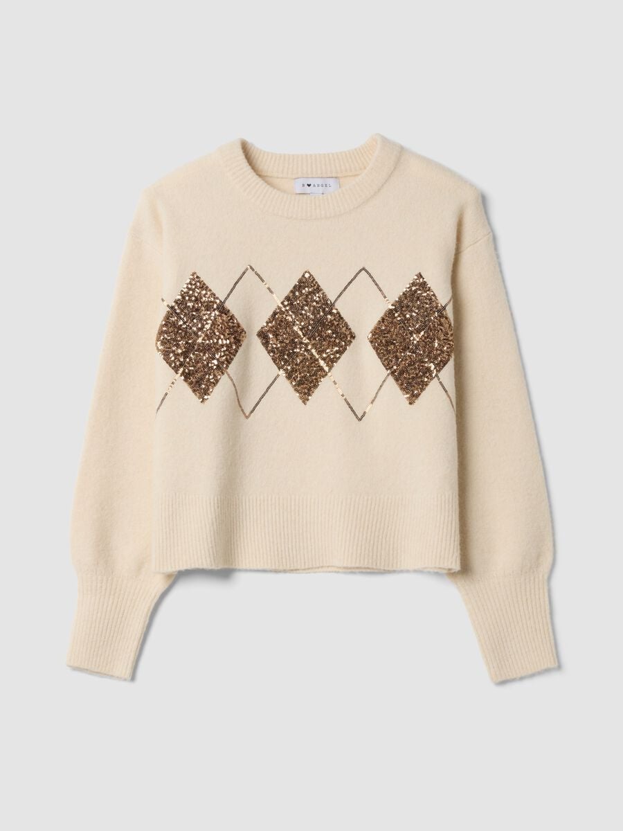 Ecru stretch-wool crew-neck jumper with argyle pattern, oversized fit_0