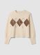 Ecru stretch-wool crew-neck jumper with argyle pattern, oversized fit_0