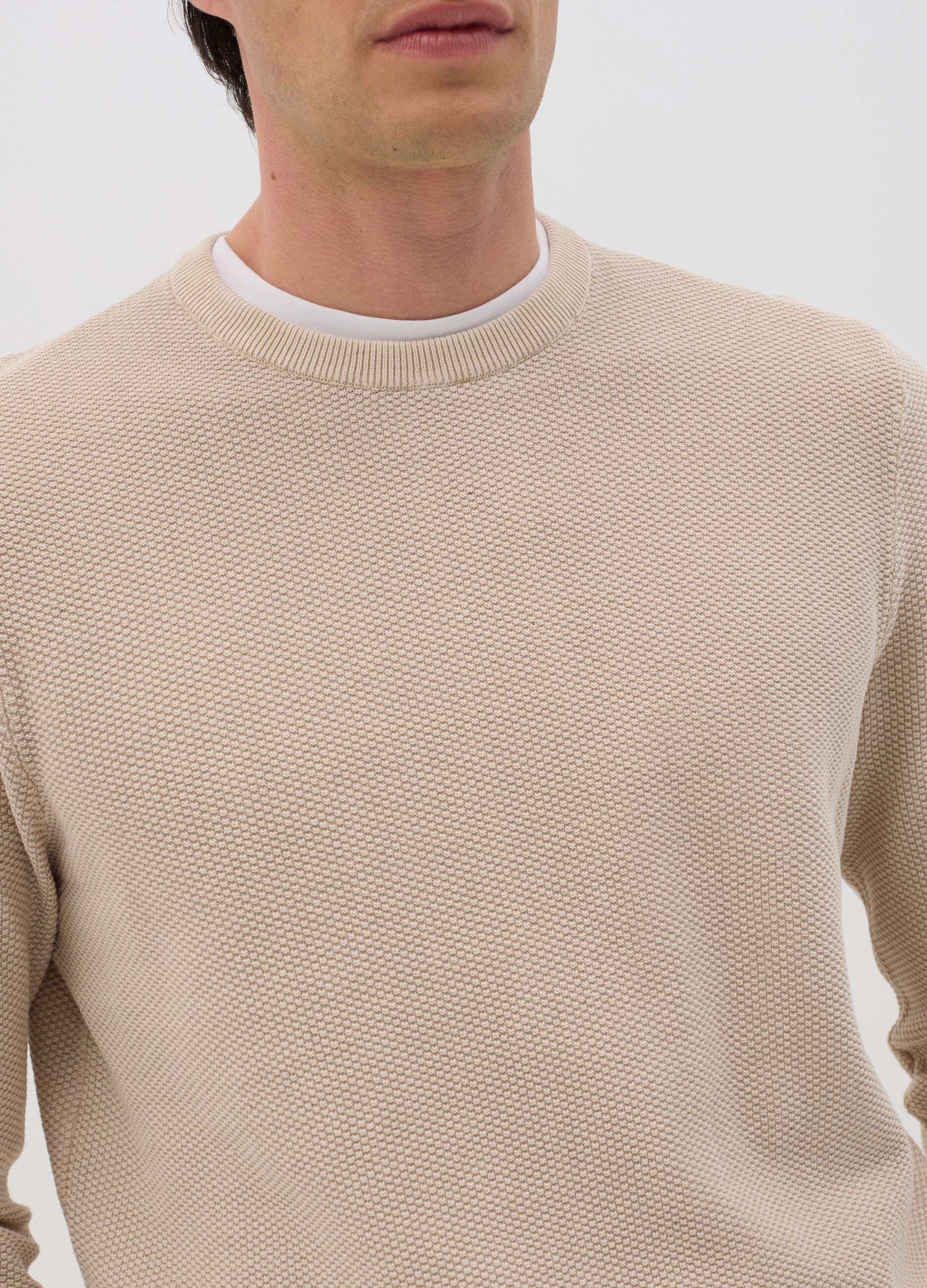 Beige Cotton Crew Neck Jumper