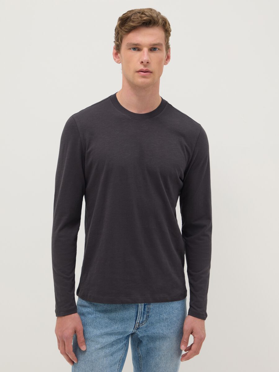 Grey long-sleeve pure cotton regular fit T-shirt_0