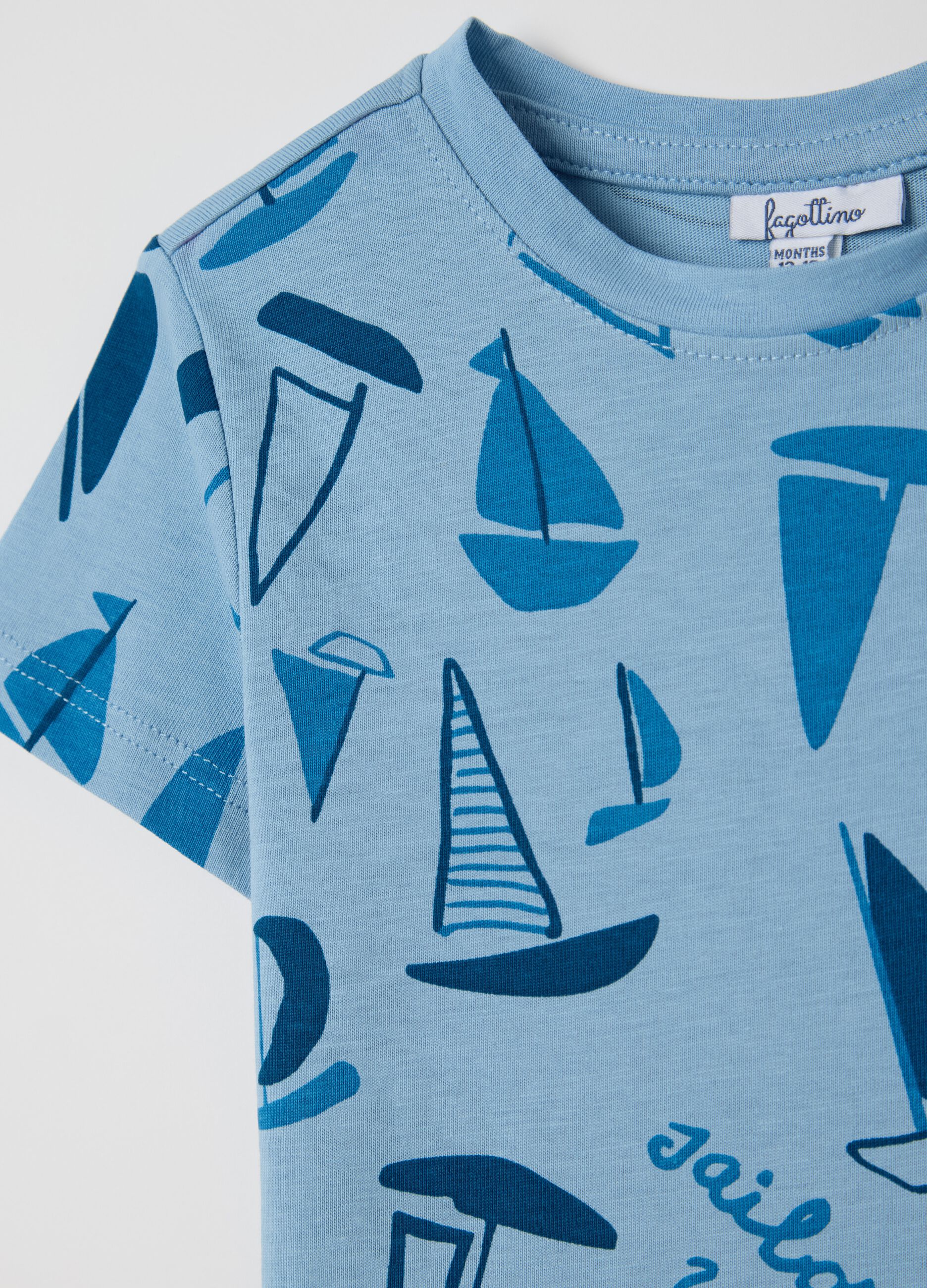 Light blue cotton T-shirt with sailing boats print