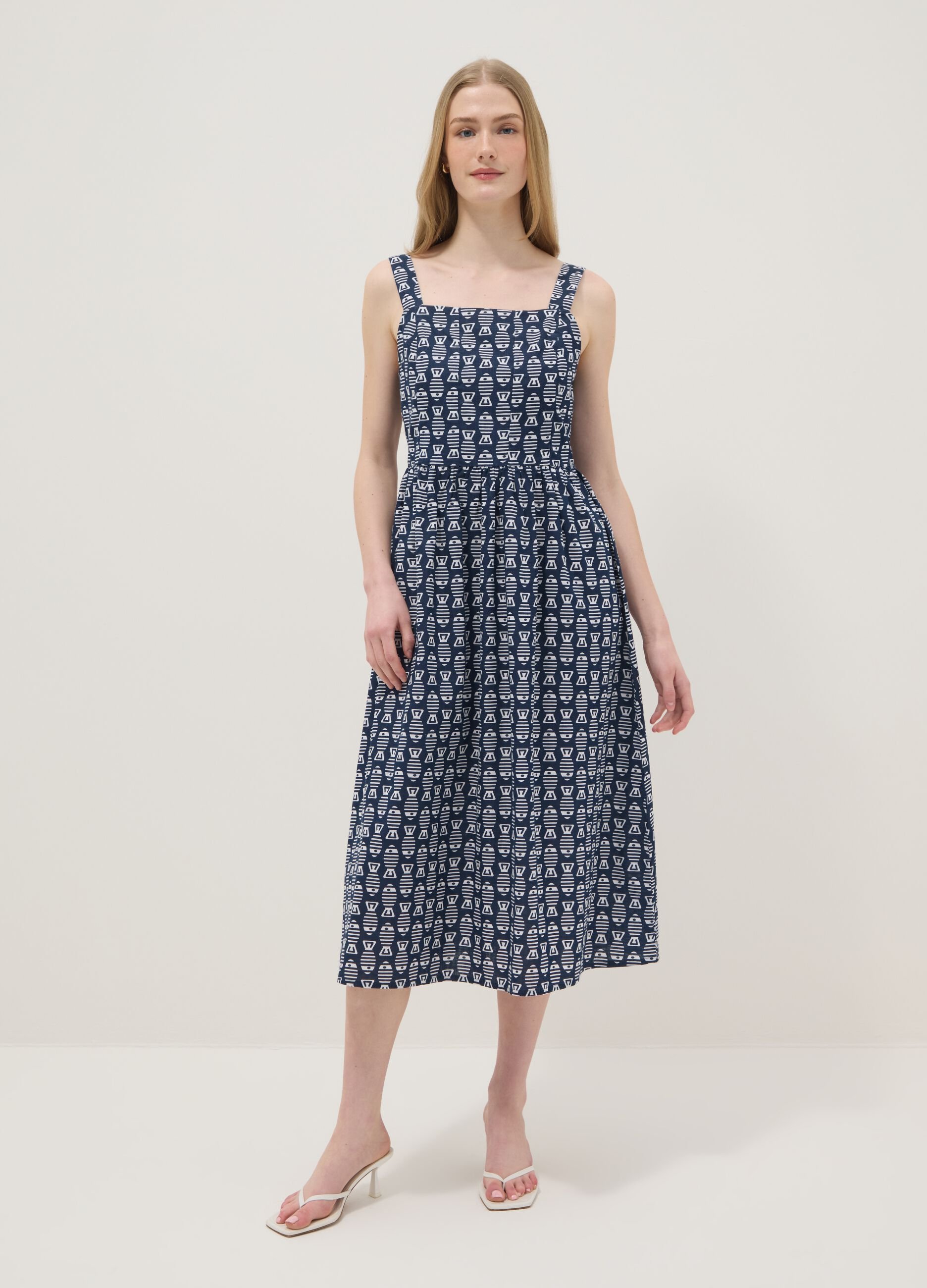 Blue pure cotton strappy dress with a summer print