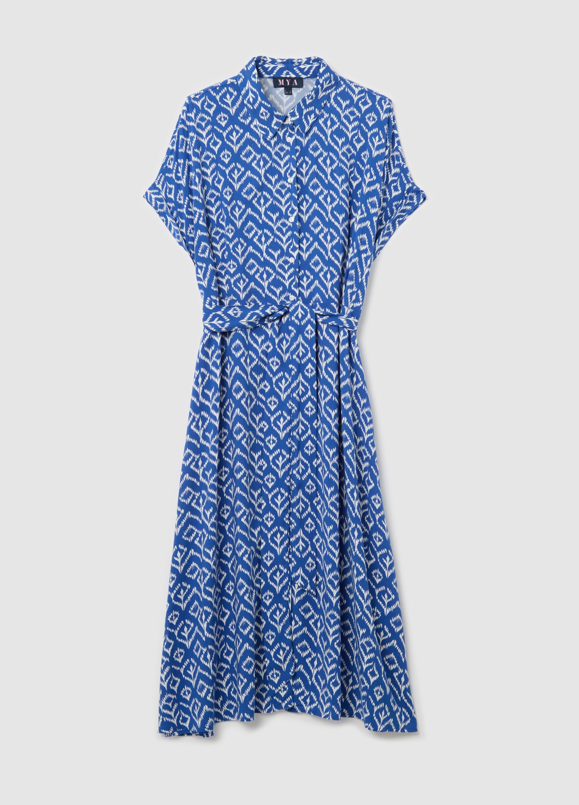 Curvy blue viscose dress with geometric motif
