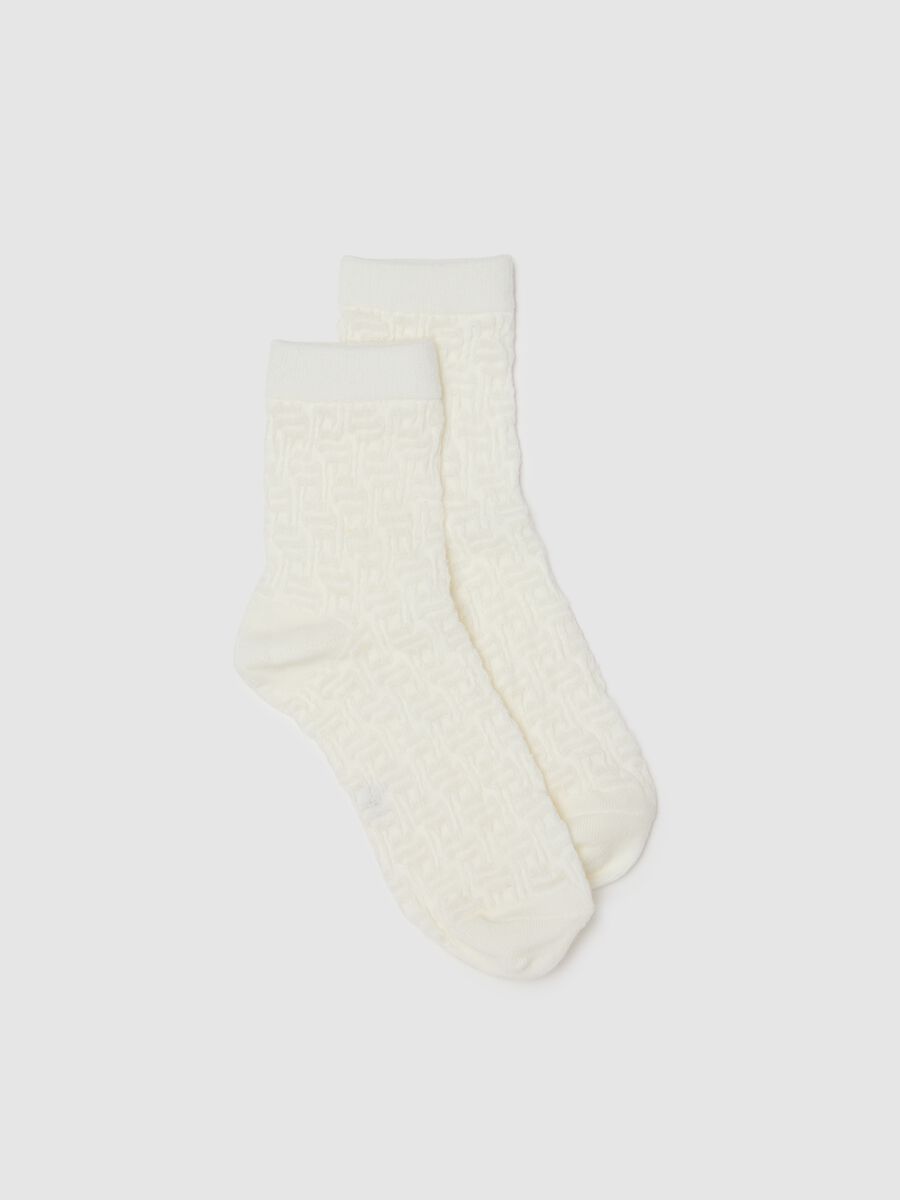 Girls' white cotton blend ankle socks with knit pattern_0