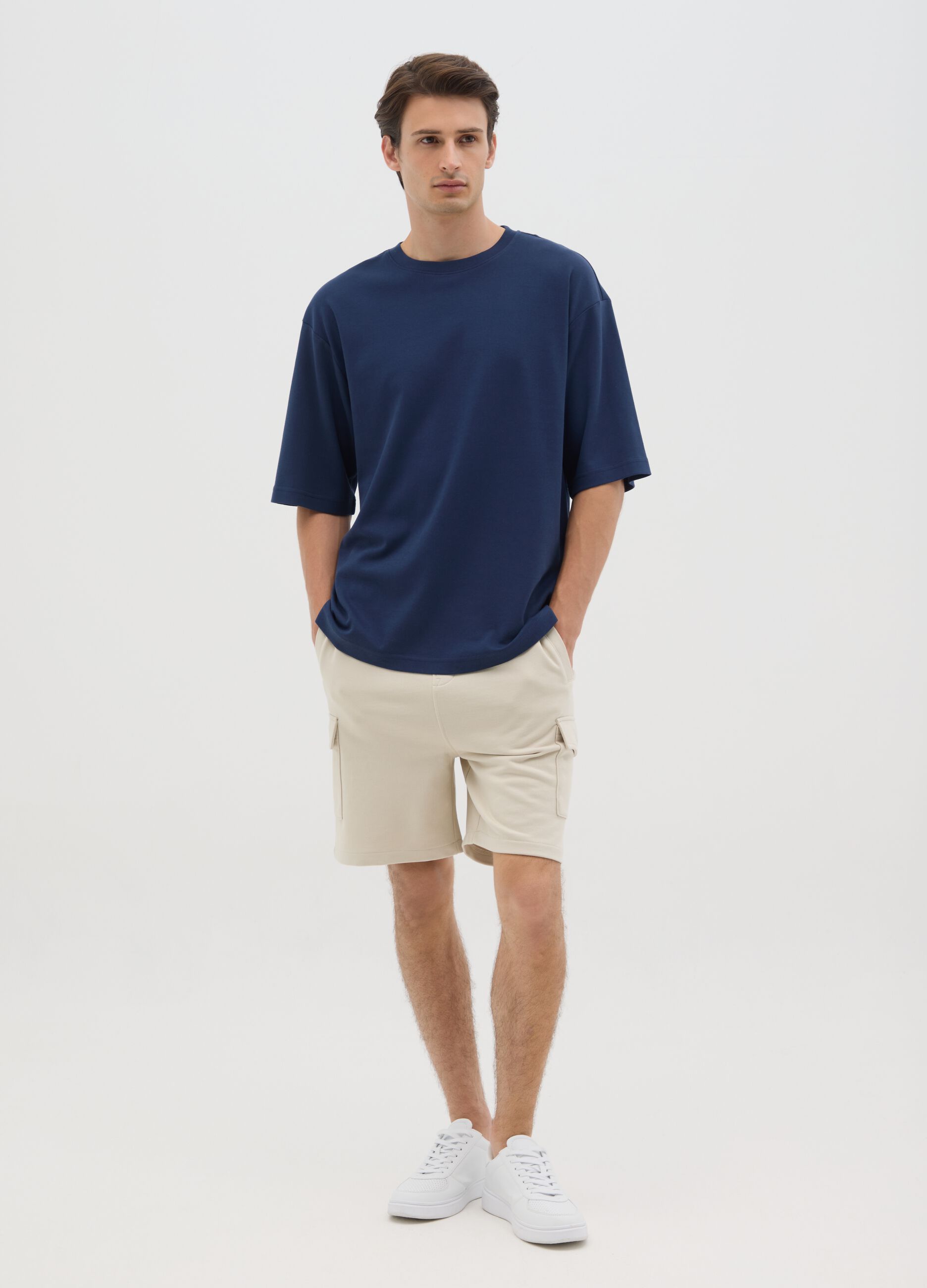 Men's beige cotton blend shorts relaxed fit