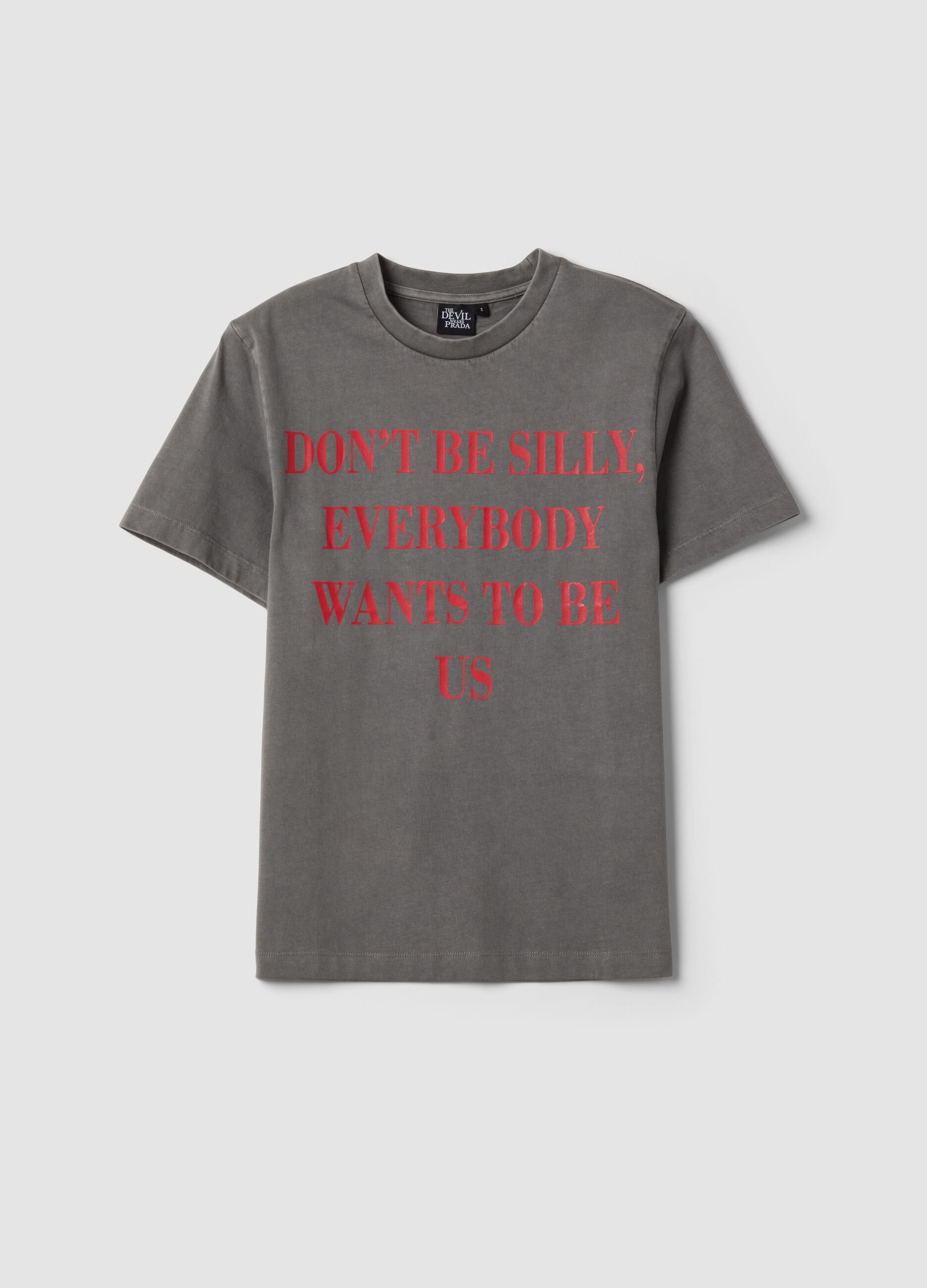 Grey pure cotton T-shirt with &ldquo;The Devil Wears Prada&rdquo; print, oversized fit