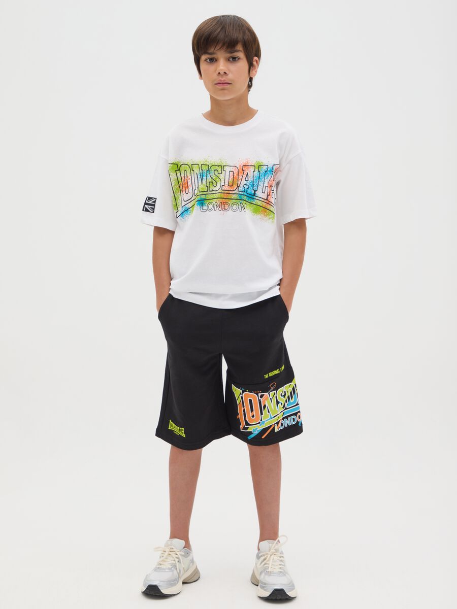 Shorts da bambino in puro cotone nero con elastico in vita_1
