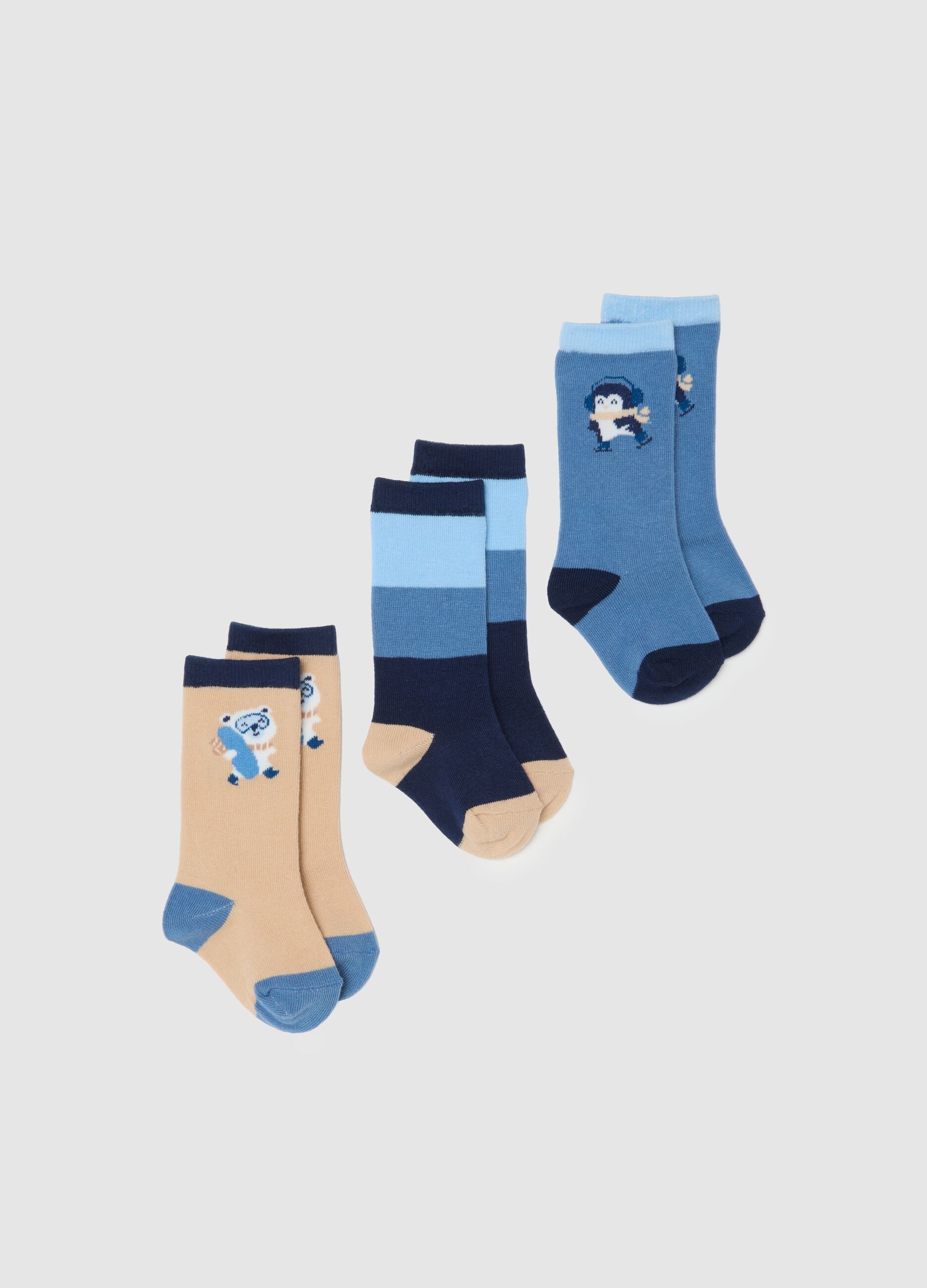 Pack of three long cotton blend baby socks in assorted colours