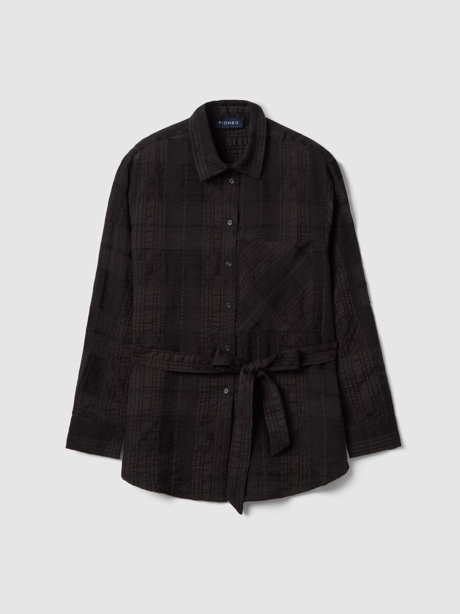 Black viscose blend oversized fit check semi-transparent shirt_4