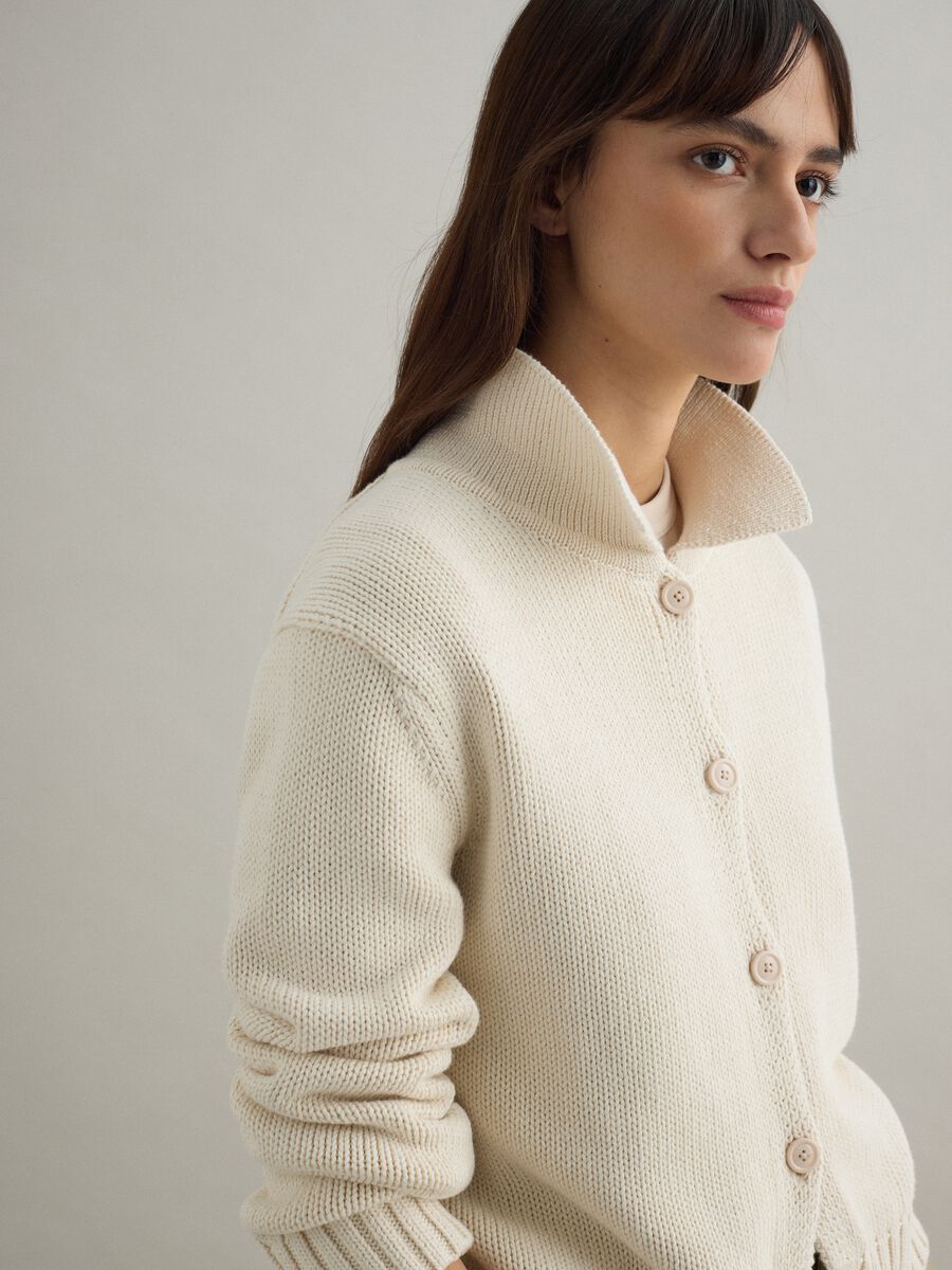 Beige pure cotton regular fit cardigan with polo collar_1
