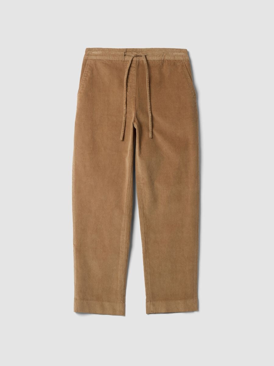Pantaloni beige in cotone elasticizzato a coste con vita elasticizzata_4