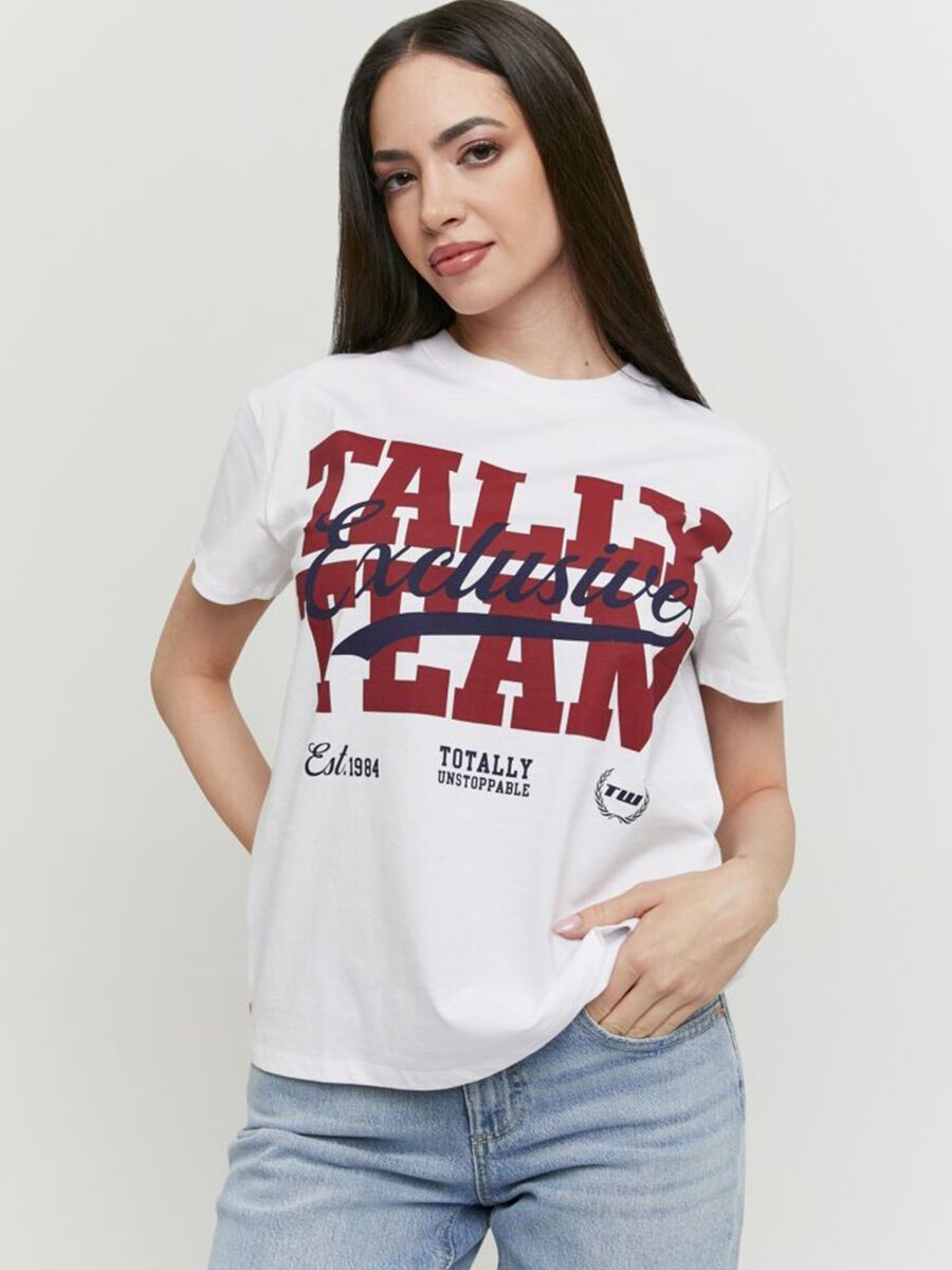 White pure cotton T-shirt with &ldquo;Tally Team&rdquo; print, regular fit_0