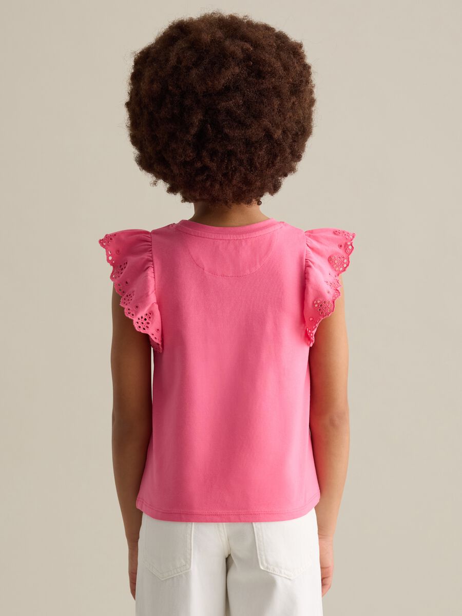 Pink stretch cotton T-shirt with broderie anglaise sleeves_2