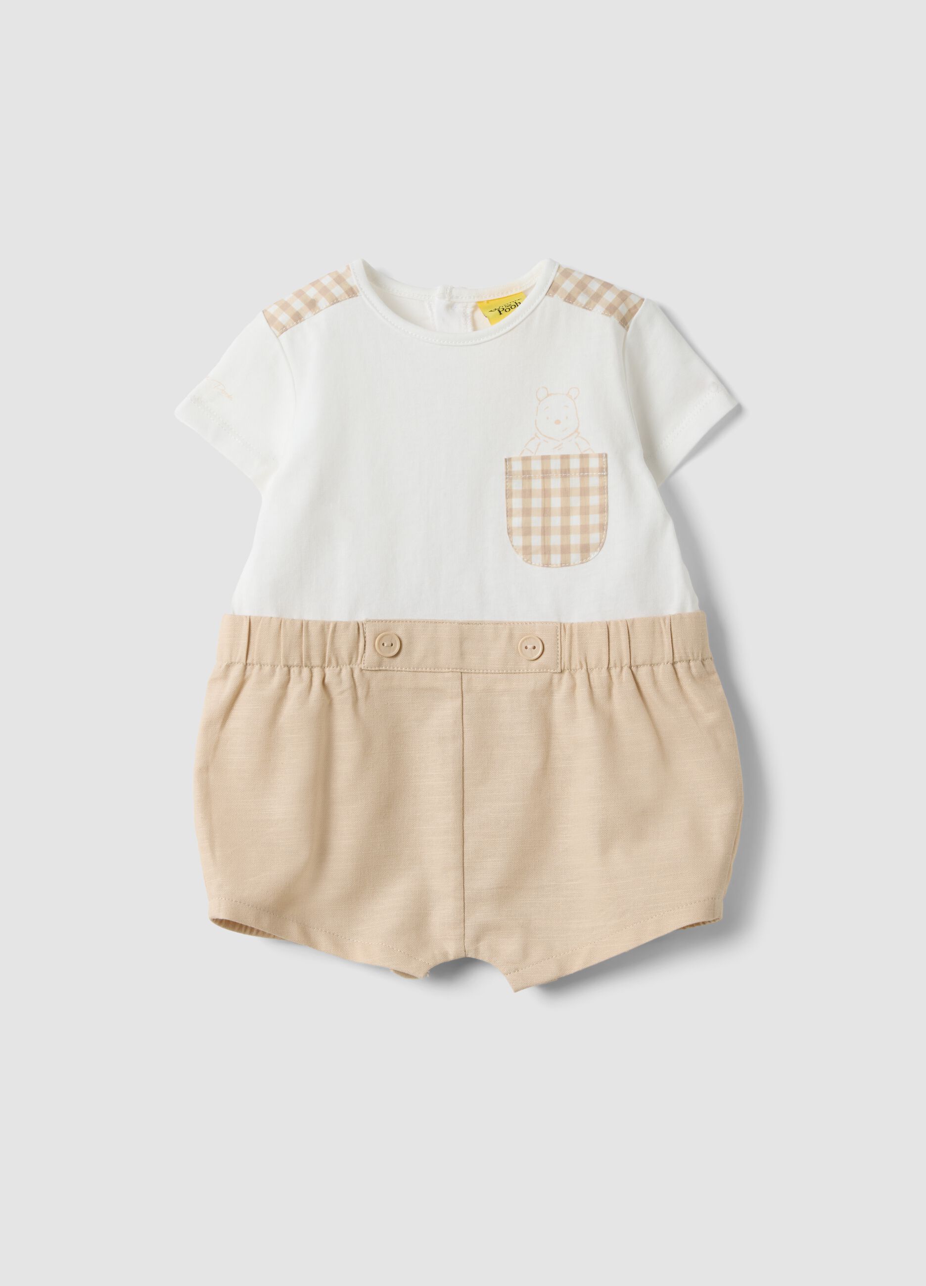 White cotton and linen blend romper with Winnie the Pooh detail for baby
