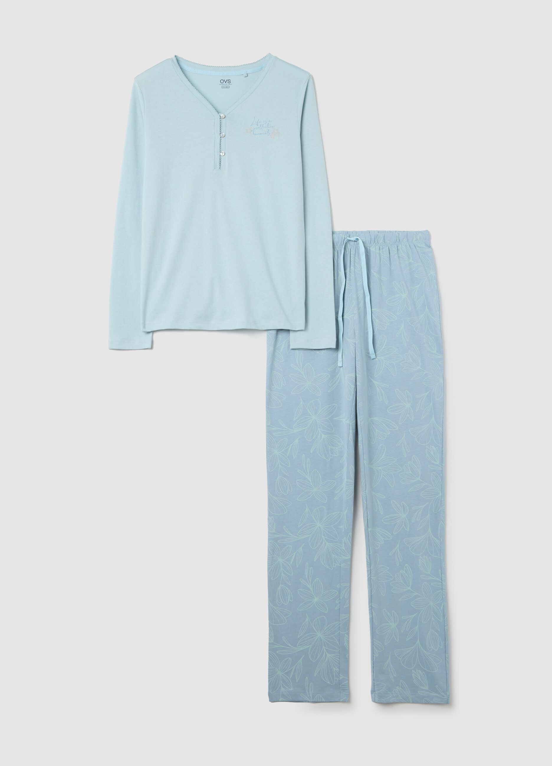 Light blue cotton pyjamas with granddad neckline and print