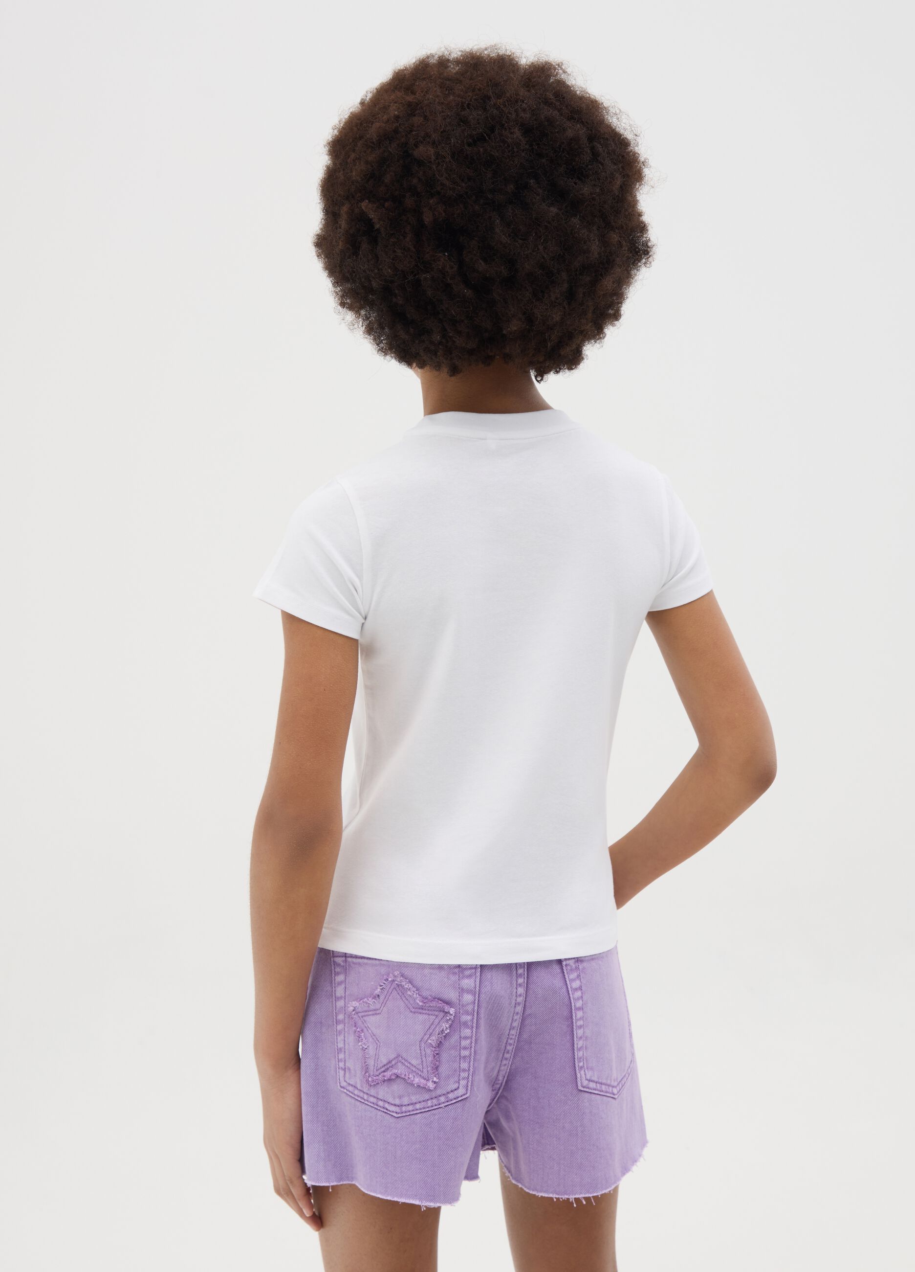 White stretch cotton T-shirt with print