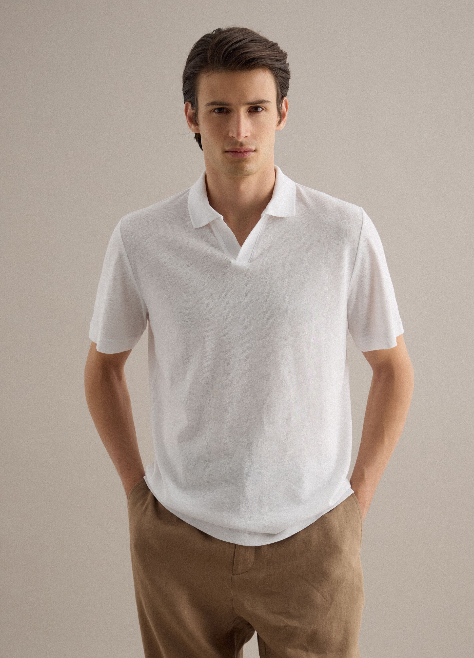 White linen and cotton blend polo regular fit