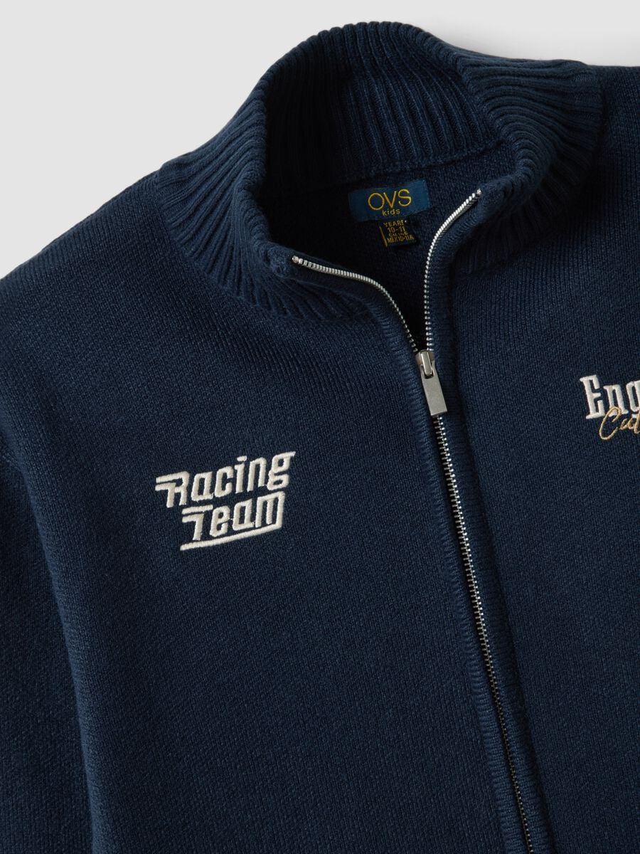 Blue zip-up cardigan with racing embroidery_1