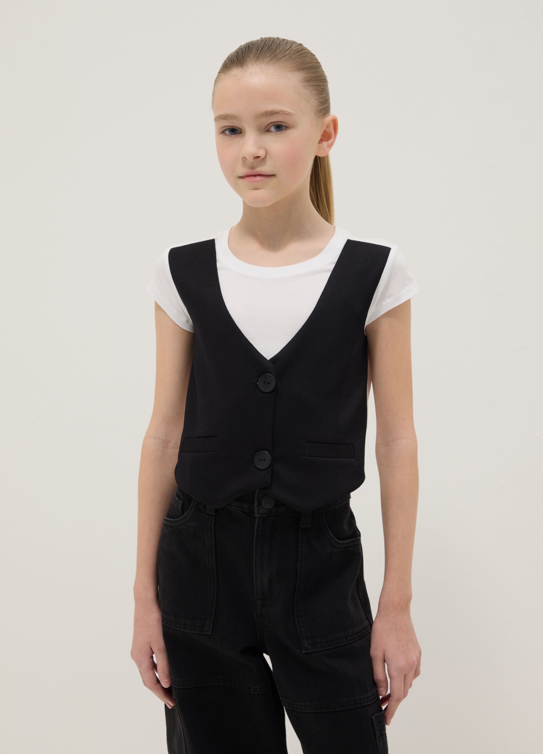 Girl's multicolour pure viscose regular fit t-shirt with waistcoat