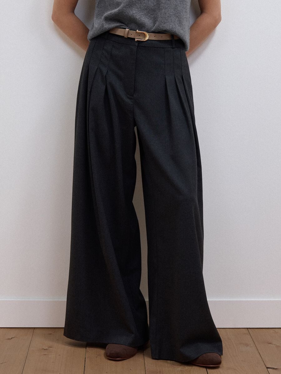 Grey wide-leg formal trousers in stretch viscose with belt_1