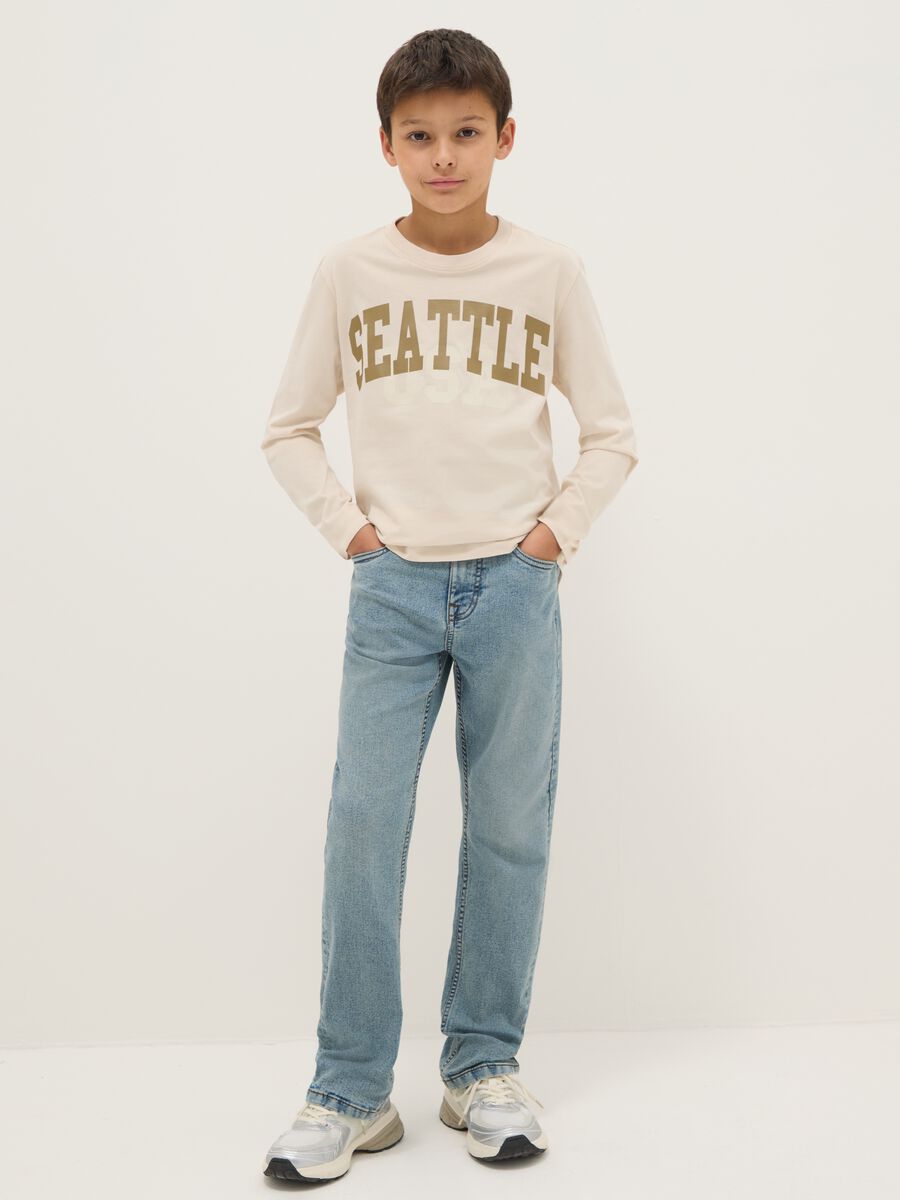 Blue stretch denim regular fit jeans for boys_0