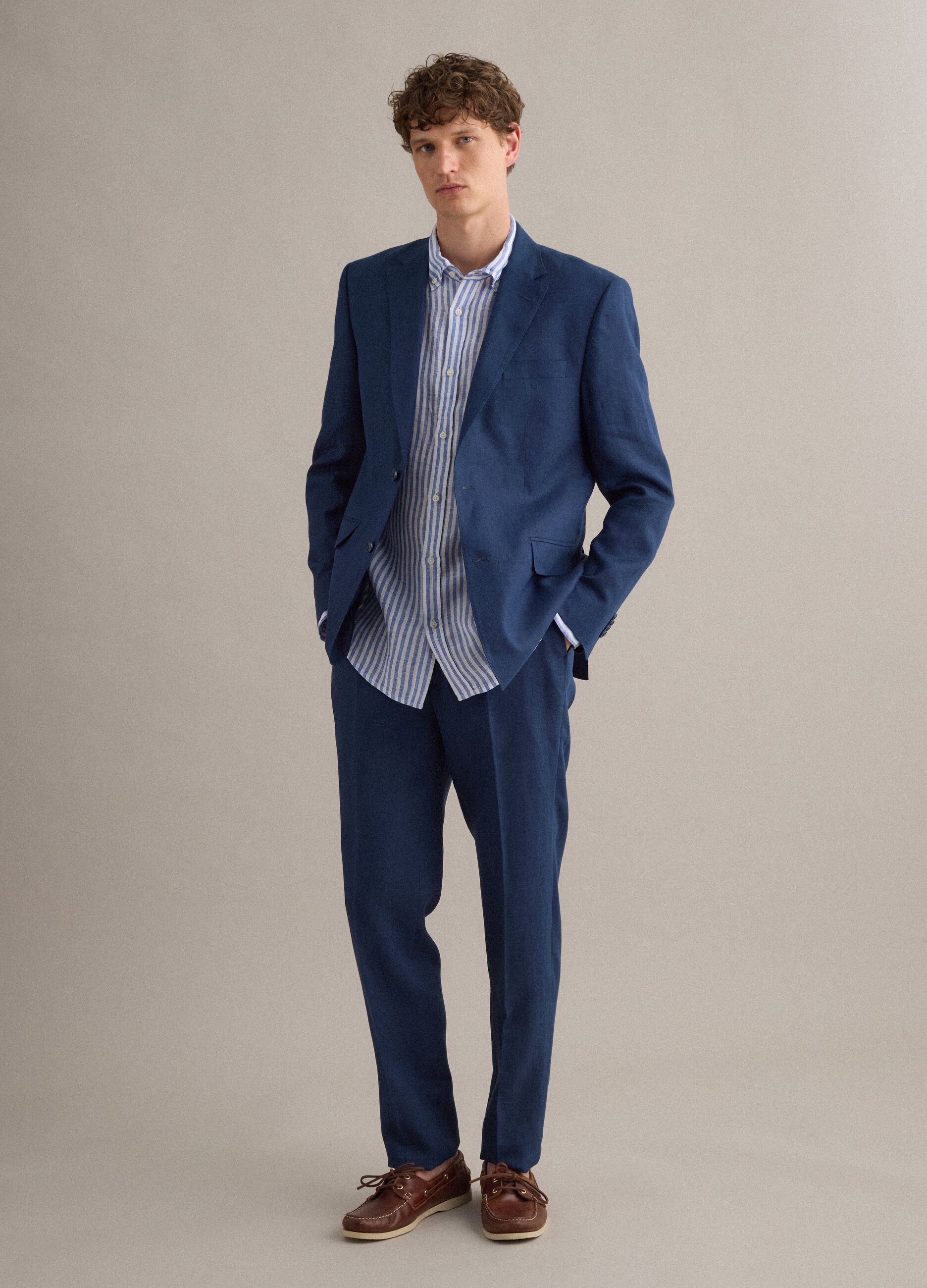 Slim-fit formal trousers in pure blue linen