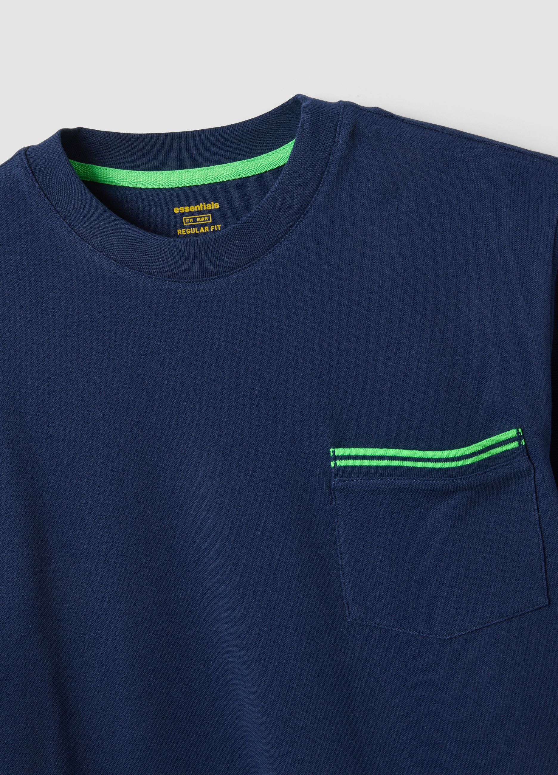 Blue stretch cotton T-shirt with chest pocket