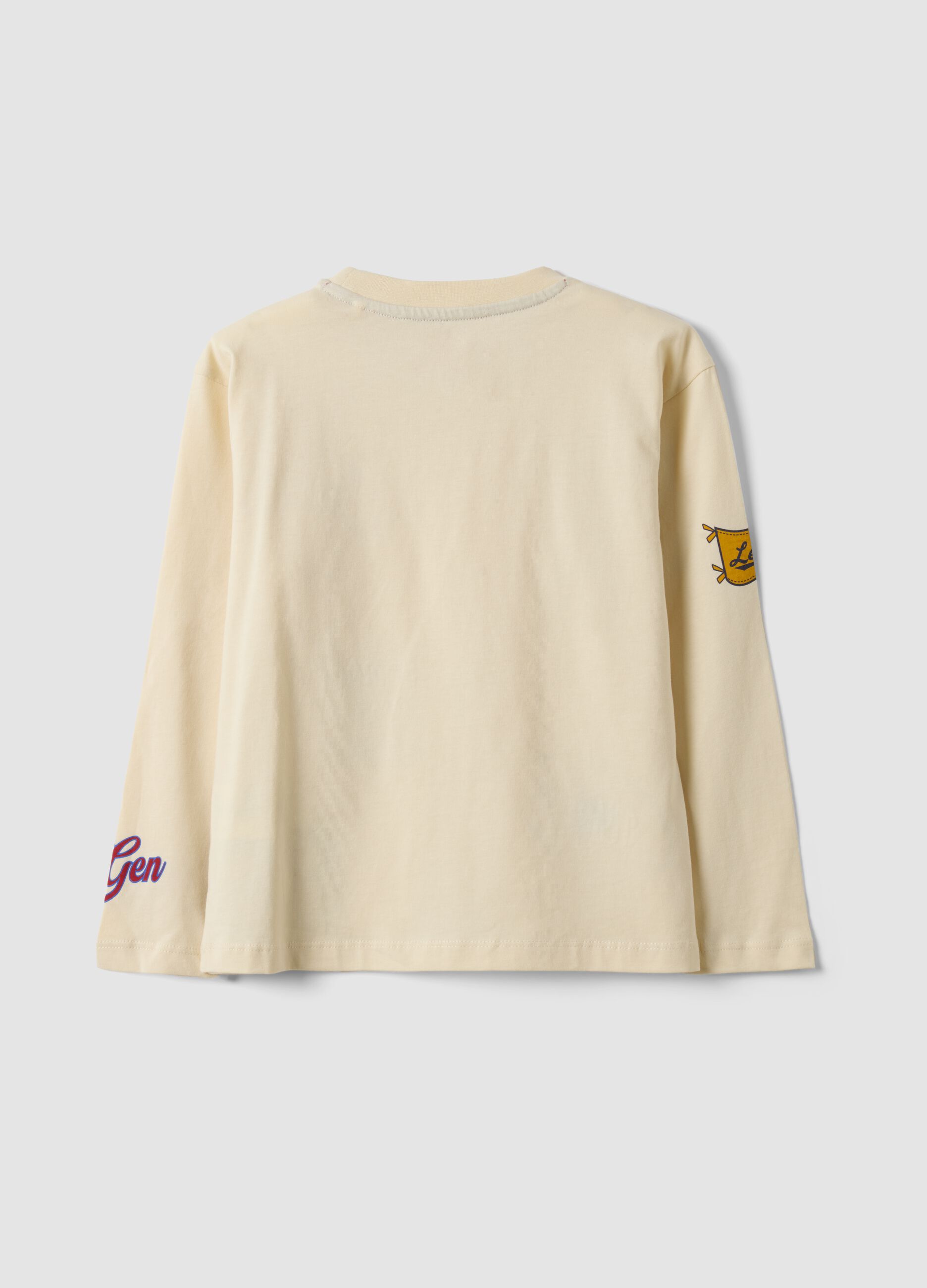 T-shirt beige in puro cotone con girocollo e stampe college per bambino