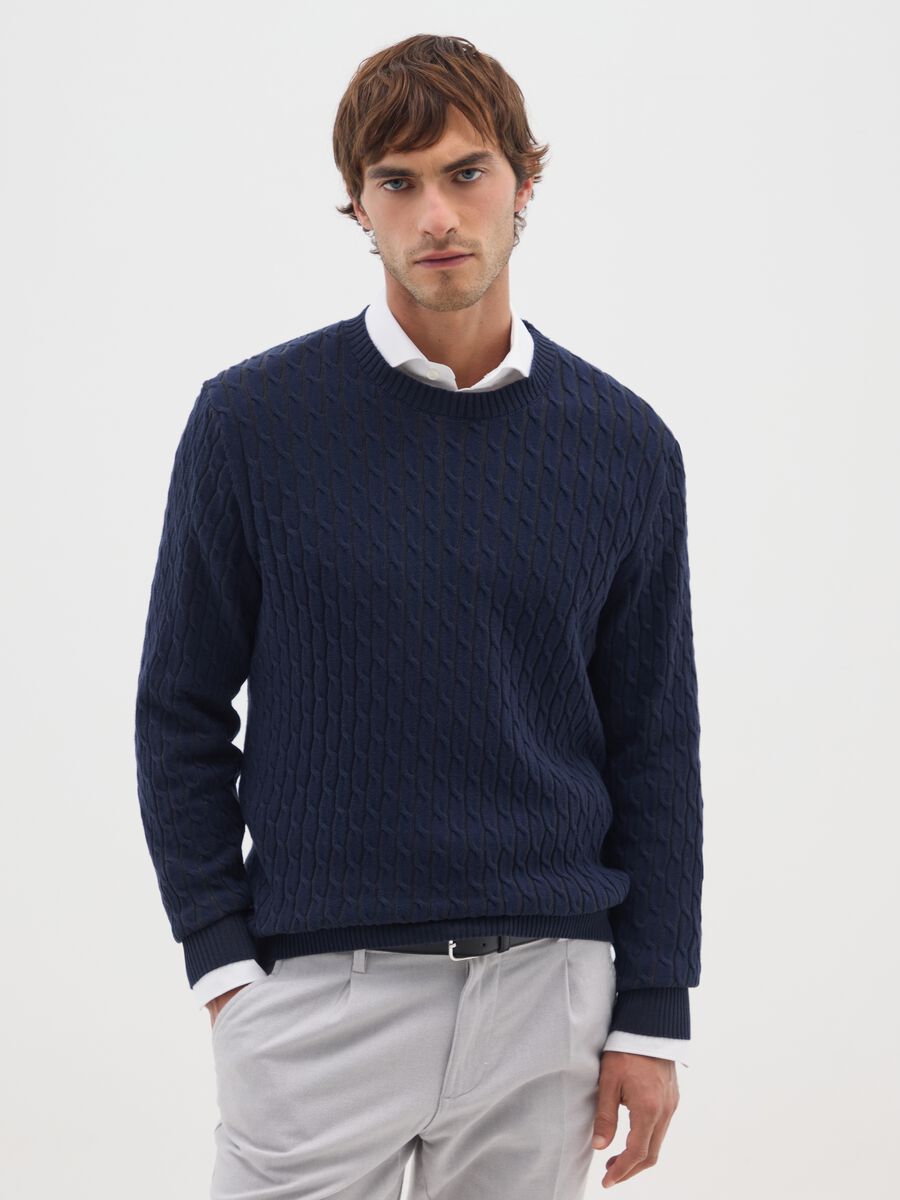 Blue Cotton Jacquard Knit Sweater_0