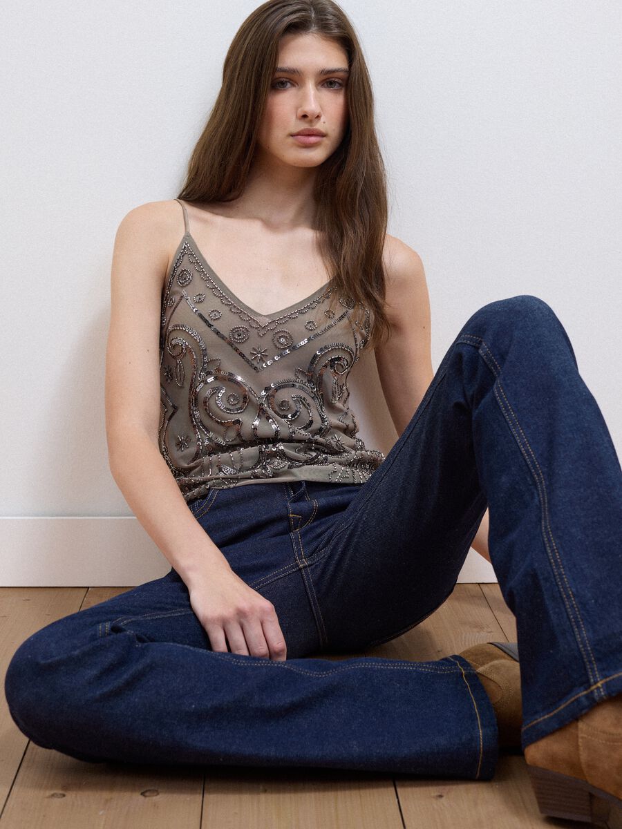 Beige fitted tank top with thin straps in stretch fabric_0