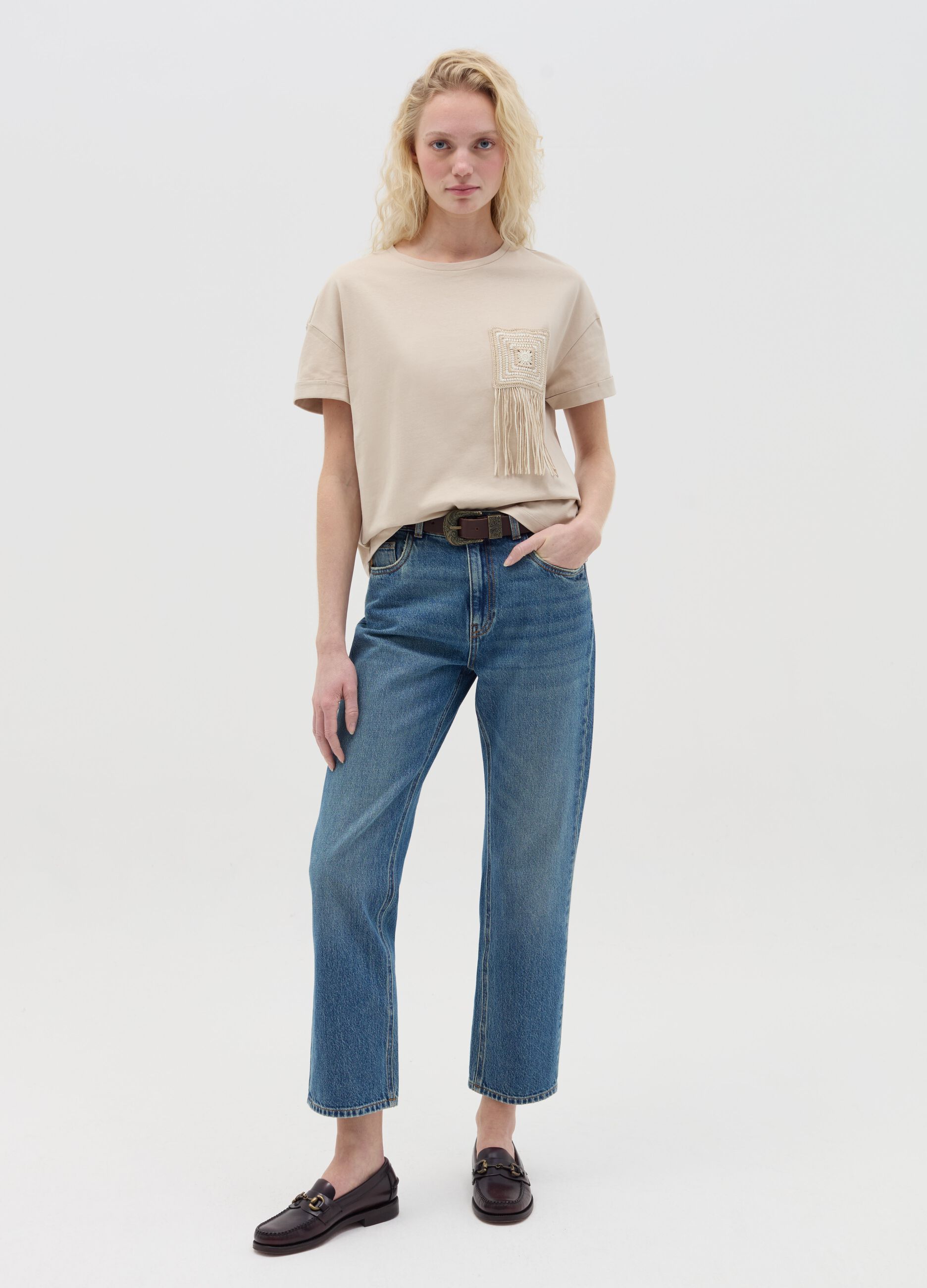 Beige T-shirt with crochet detail