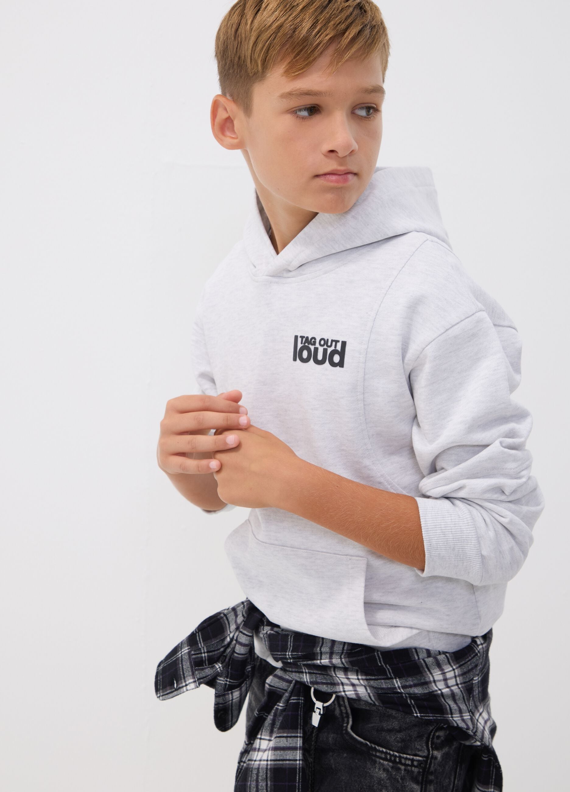 Grey oversized cotton and viscose blend hoodie for boys