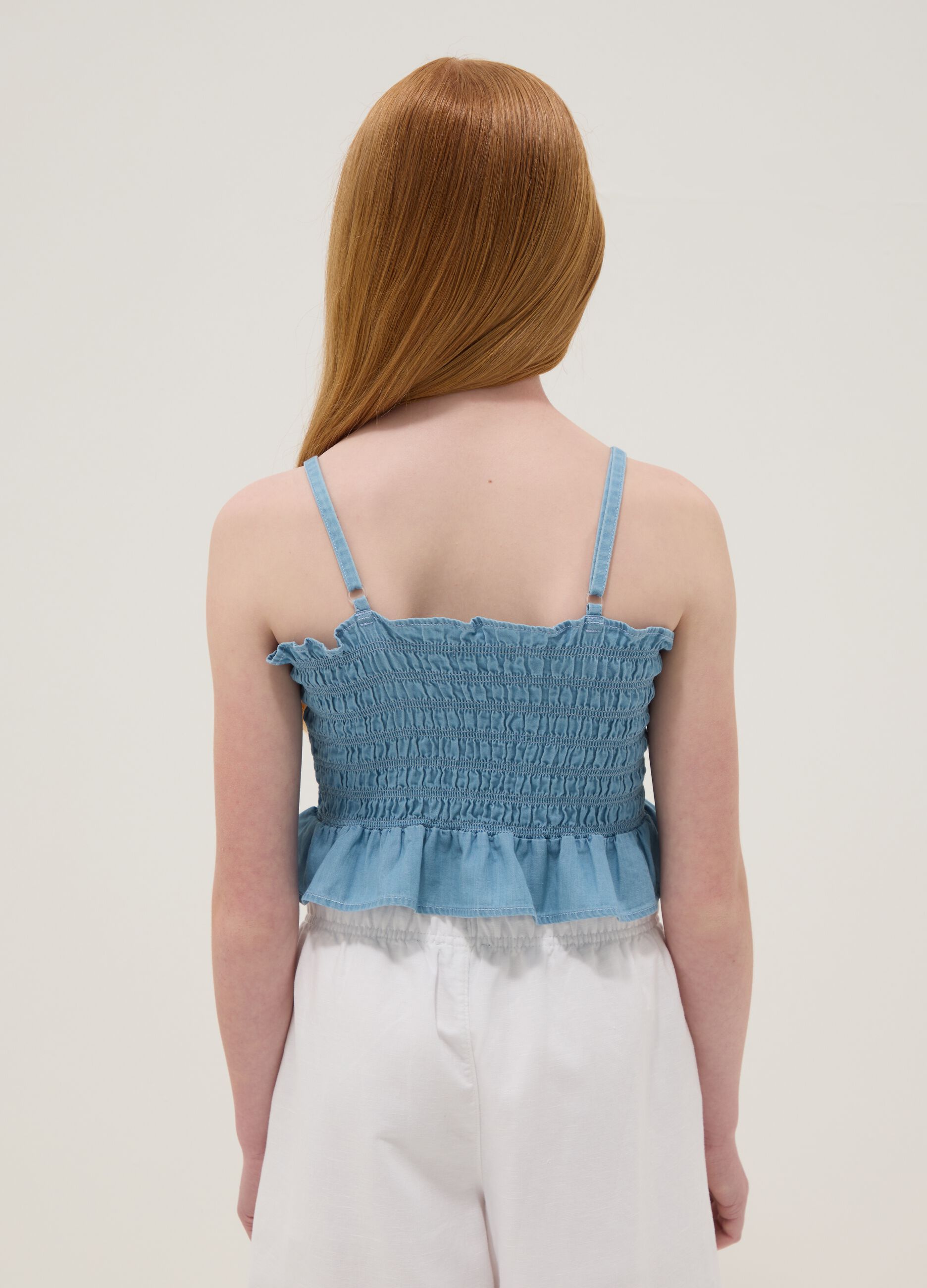 Sky-blue pure cotton top with ruching
