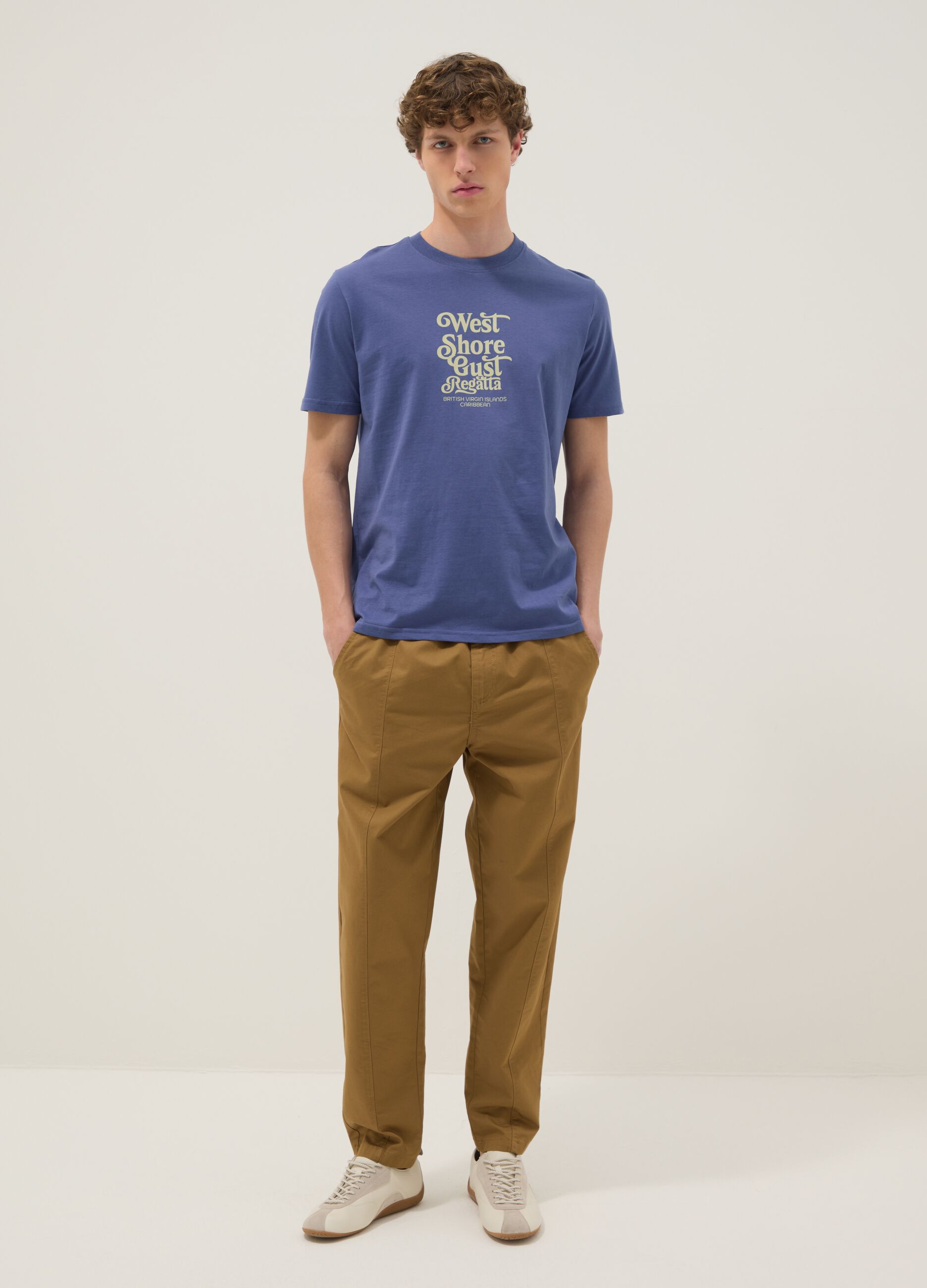 Blue short-sleeve pure cotton T-shirt with print