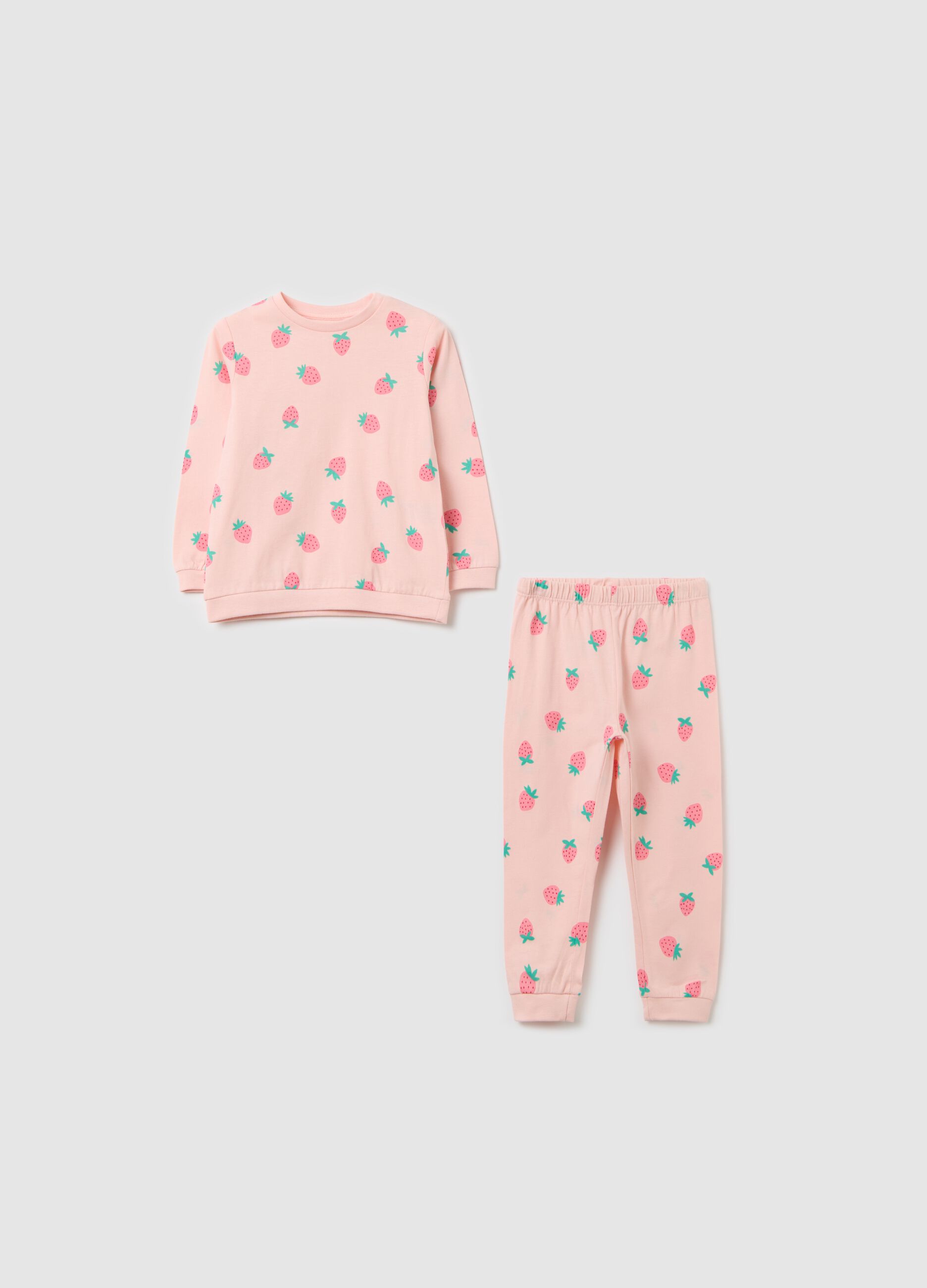 Pink organic cotton pyjamas with strawberries print